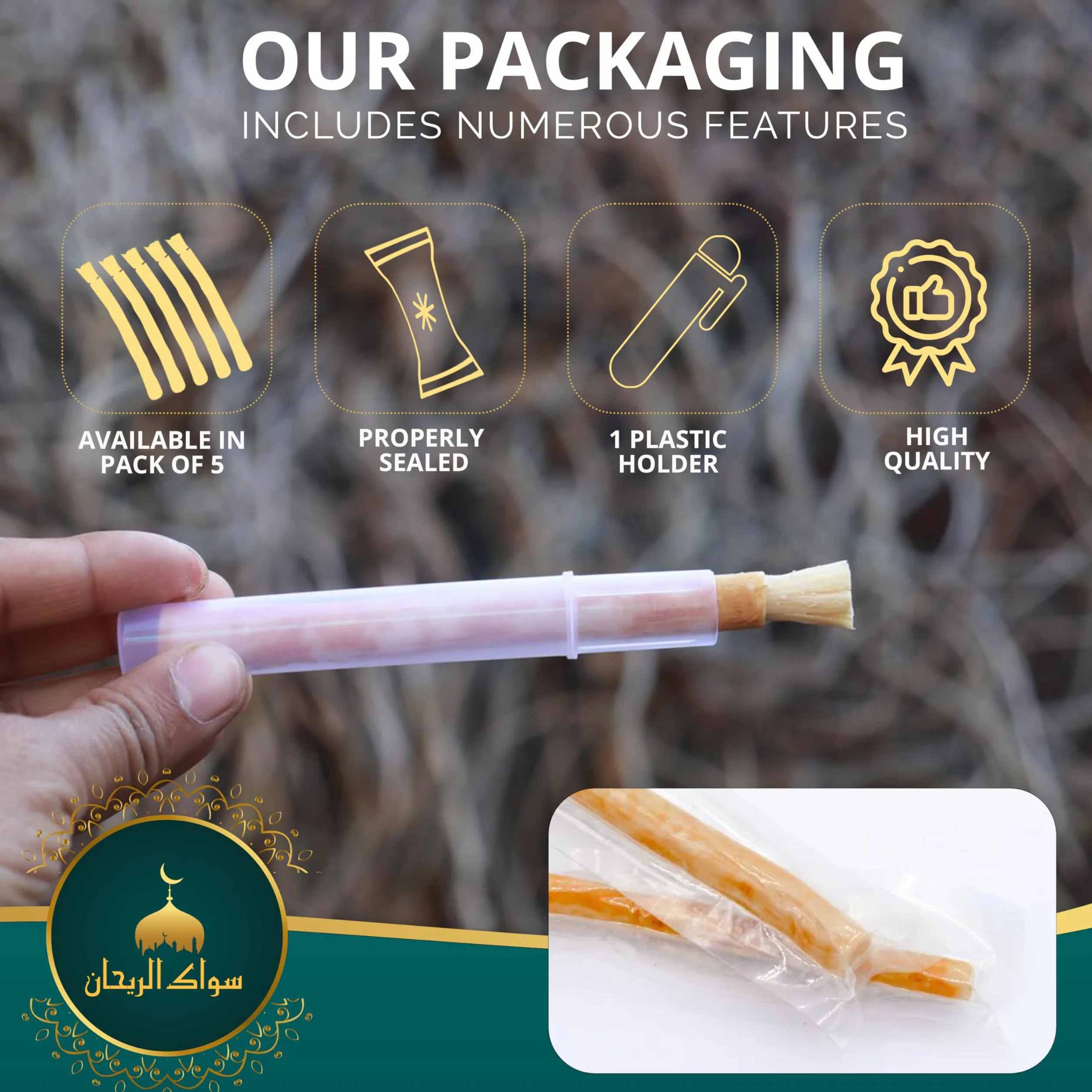 Miswak Bastoncini per la pulizia dei denti 5 pezzi con supporto - Spazzolino sigillato sapore naturale