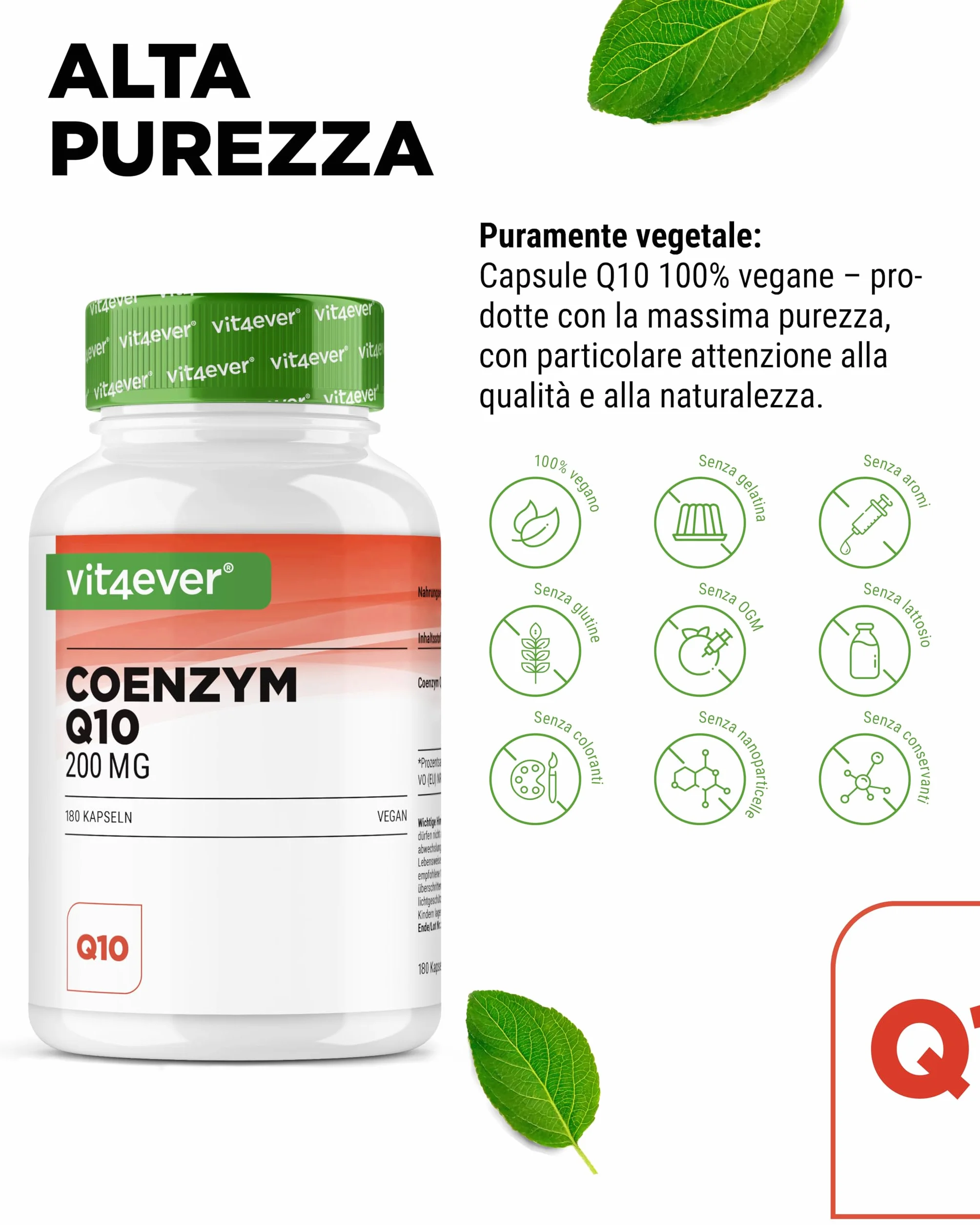 Coenzima Q10 con 200 mg per capsula - 180 capsule vegane - scorta per 6 mesi - Q10 di alta qualità - alto dosaggio, senza additivi inutili