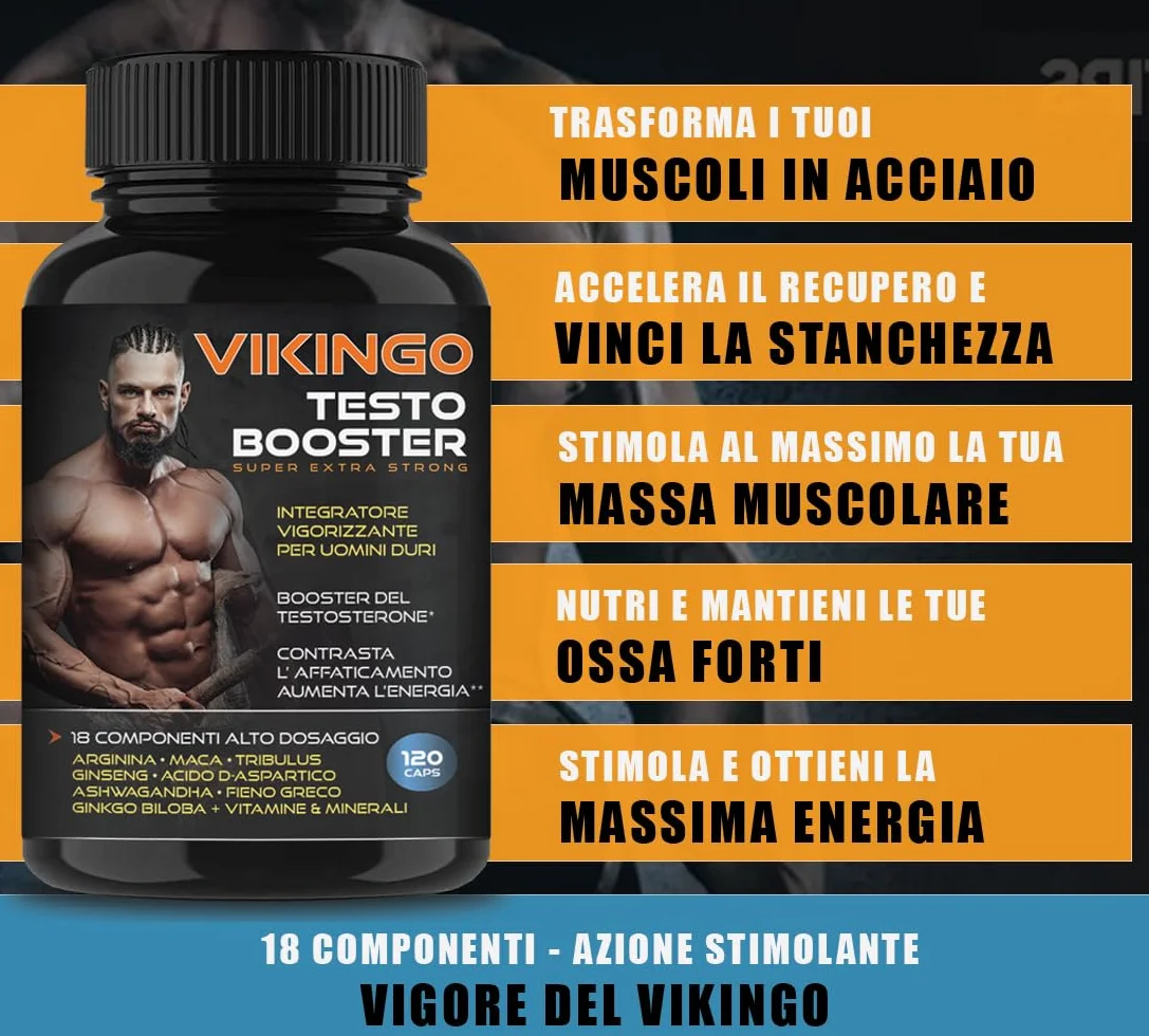 Testosterone Uomo, Massa Muscolare, VIKINGO 120 Testosterone Booster Stimolante Uomo - Integratore Energia con Maca, Tribulus, Ashwagandha, Arginina, Ginkgo Biloba, Fieno Greco, Vitamine e Minerali