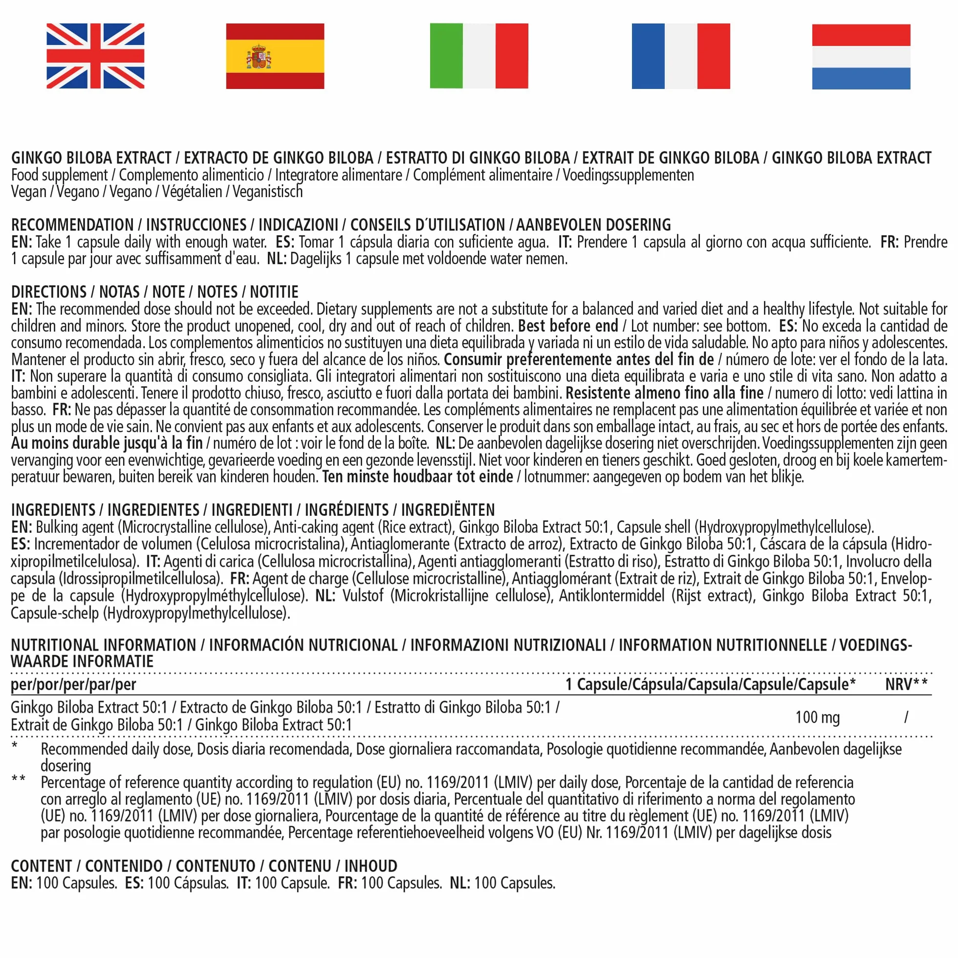 Ginkgo Biloba 50:1 Estratto 100 mg 5000 mg Polvere di Foglie di Ginkgo Puro Capsula Vegana 100 Capsule Integratore Alimentare