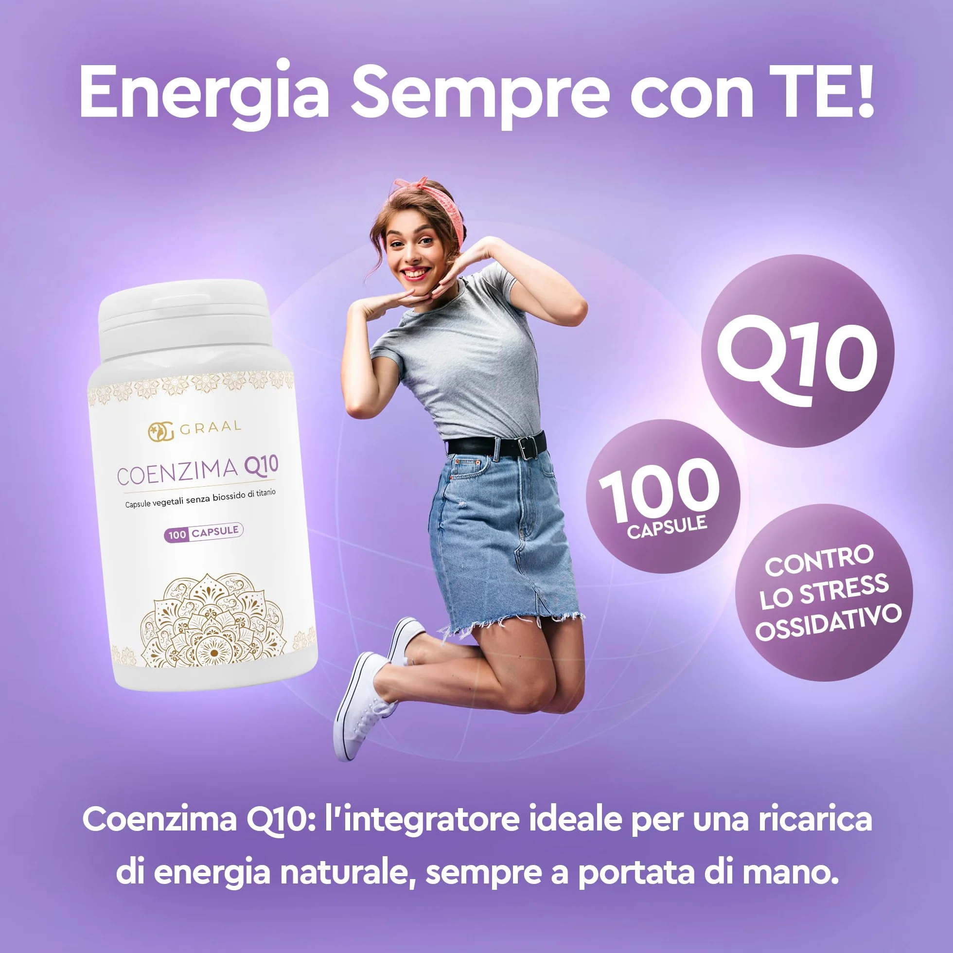 Graal Coenzima Q10 Migliore - Ubidecarenone (forma ossidata dell'Ubiquinolo) Naturale per Energia Cellulare, Azione Antiossidante, Contro l'Invecchiamento Cellulare e lo Stress Ossidativo