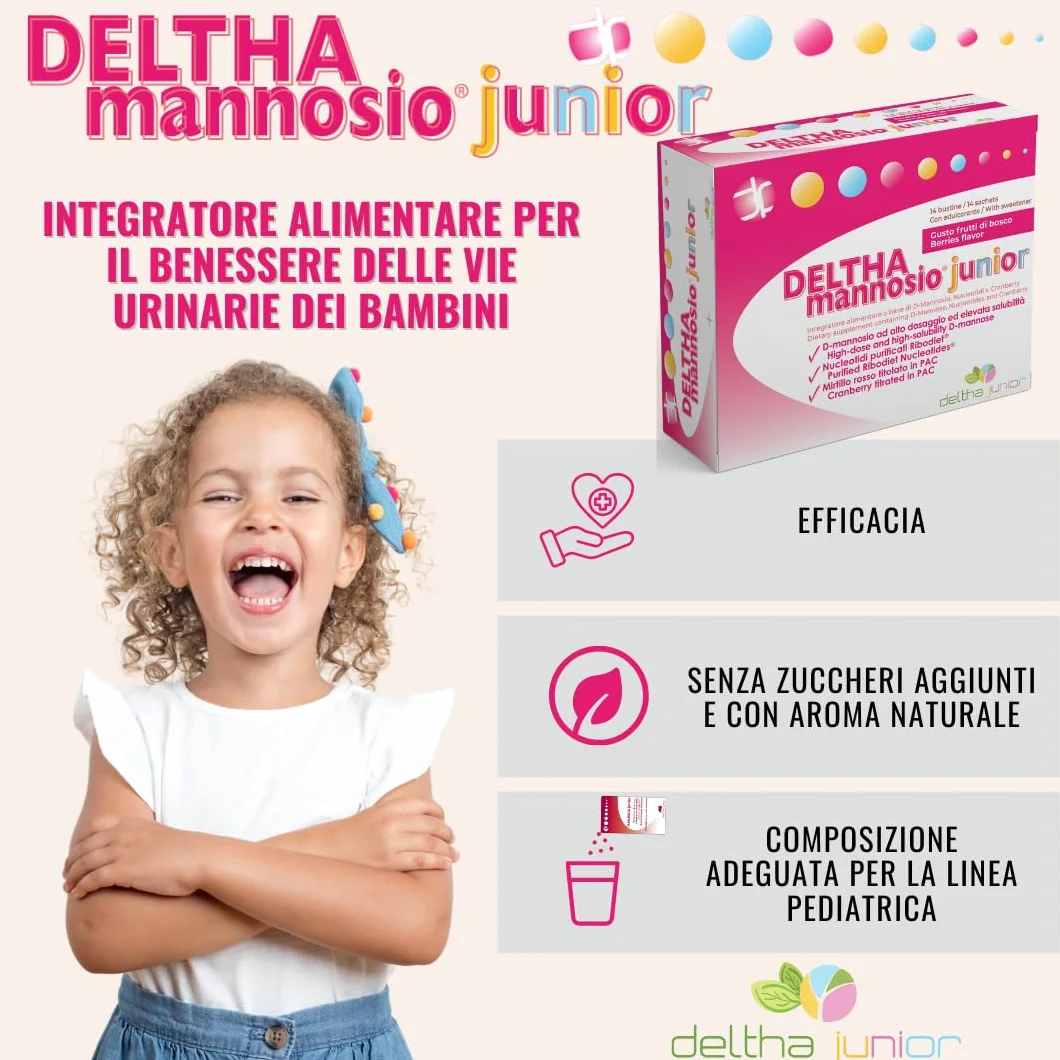 DELTHAmannosio Junior D Mannosio alto dosaggio 500mg Mirtilli rossi e nucleotidi purificati Made in Italy per le vie urinarie dei bambini