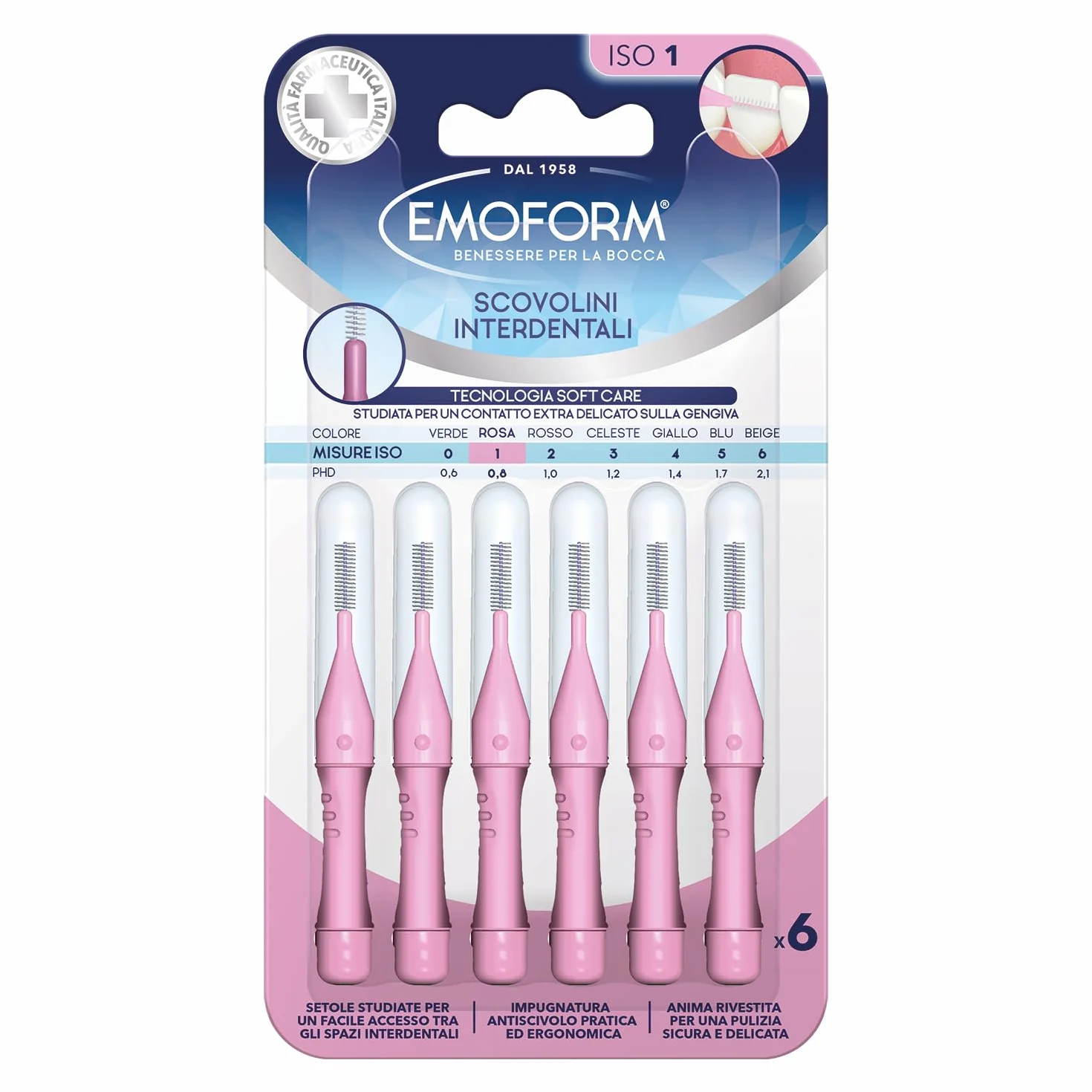 Emoform Scovolino Interdentale 6 Pz. SoftCare Setole Morbide Impugnatura Antiscivolo