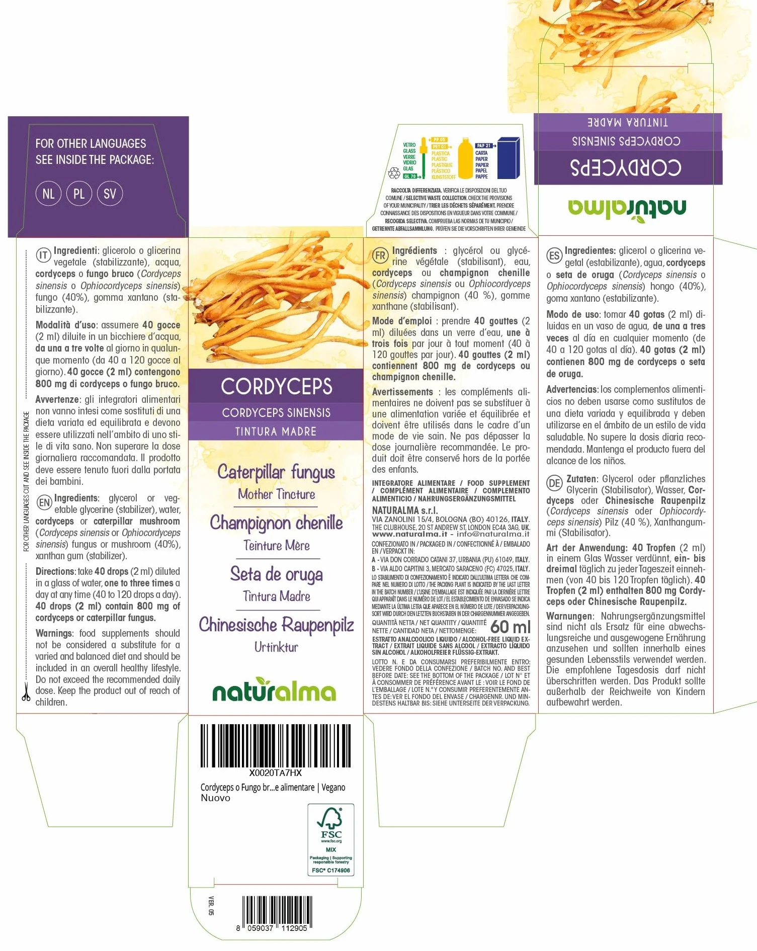 Cordyceps o Fungo bruco (Cordyceps sinensis o Ophiocordyceps sinensis) fungo Tintura Madre analcoolica Naturalma - Estratto liquido gocce 60 ml - Integratore alimentare - Vegano