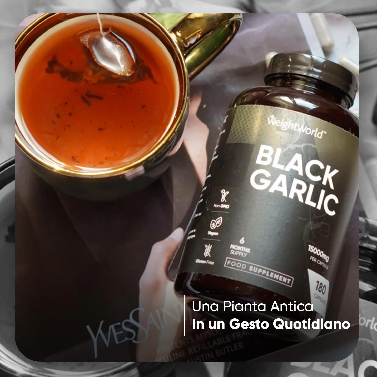Aglio Nero Fermentato, 6 Mesi di Scorta, Estratto 100:1, 1 Sola Capsula al Giorno, Vegano, 180 Aglio Nero Capsule da 15000mg Ciascuna, da Allium Sativum, Senza Glutine, Senza Magnesio Stearato né OGM
