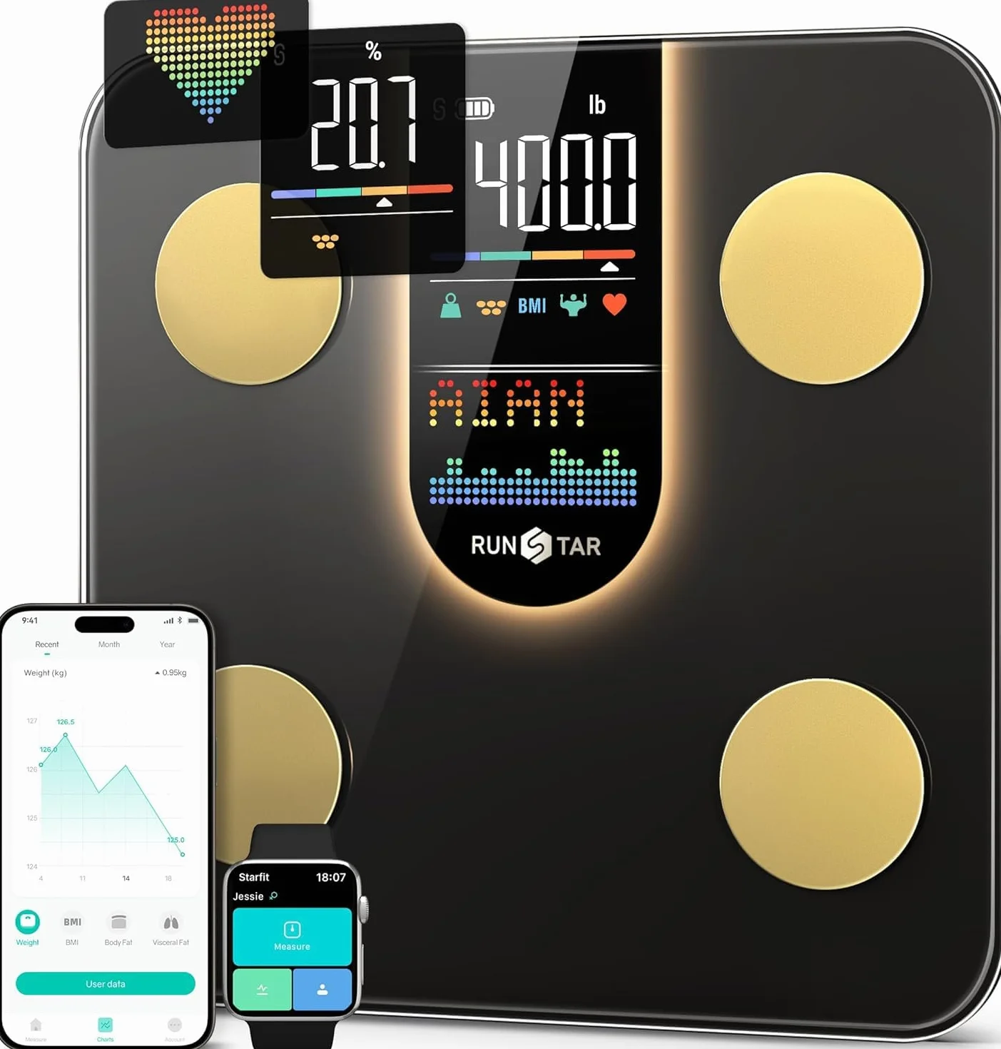 RunStar Bilancia Pesapesone Smart 8in1 Display VA, Alta Precisione Peso Corporeo BMI Grasso Corporeo 22 Dati Composizione Corporea Sync App