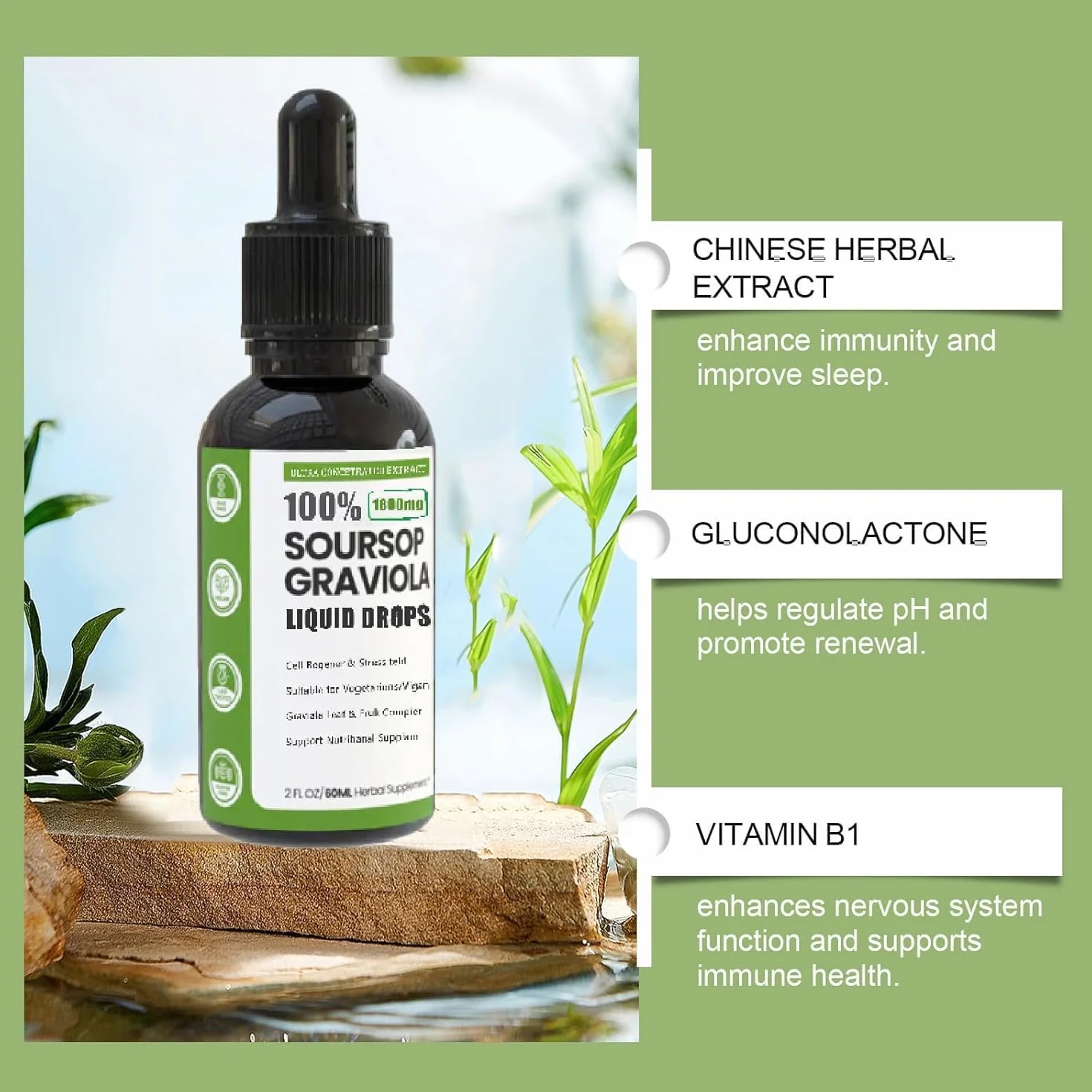 Naturesours Estratto di Soursop biologico, Naturesours 100% puro estratto di Soursop biologico, gocce liquide di graviola di Soursop stagnato 1800 mg, bontà di erbe, aroma naturale (1 pz)