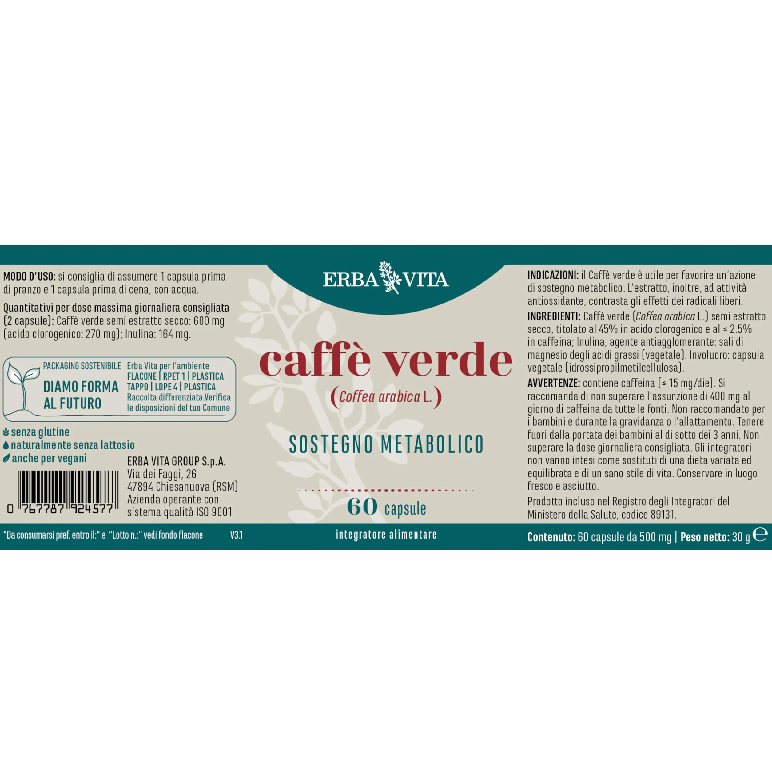 ERBA VITA Integratore Alimentare Caffè Verde 60 Capsule Metabolismo Radicali Liberi