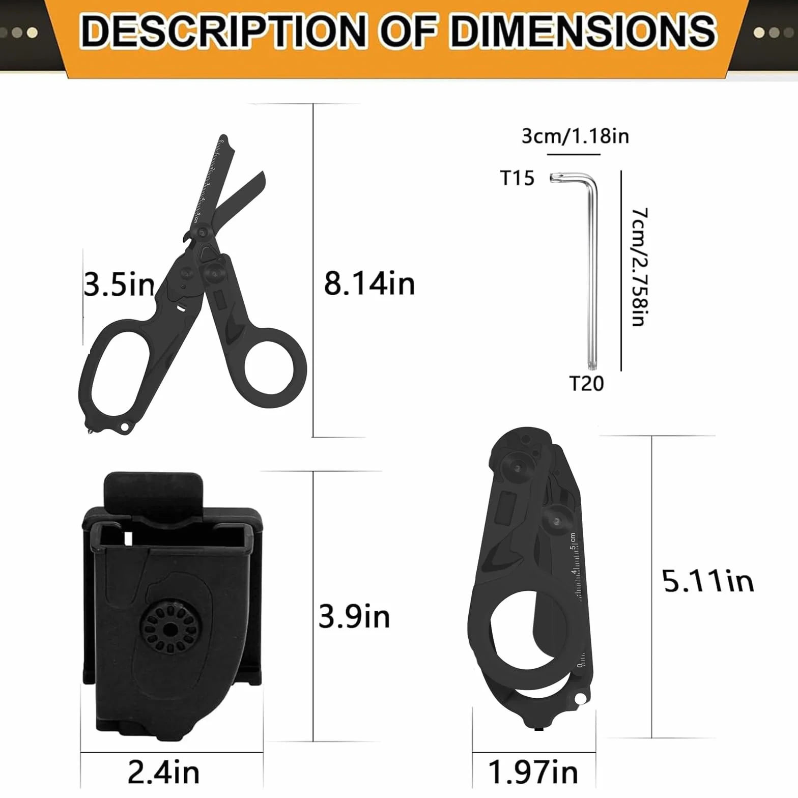 Forbici Pieghevoli 6 in 1, Pinze Tattiche con Taglierina Cinghia e Interruttore Vetro, Soccorso (Nero)