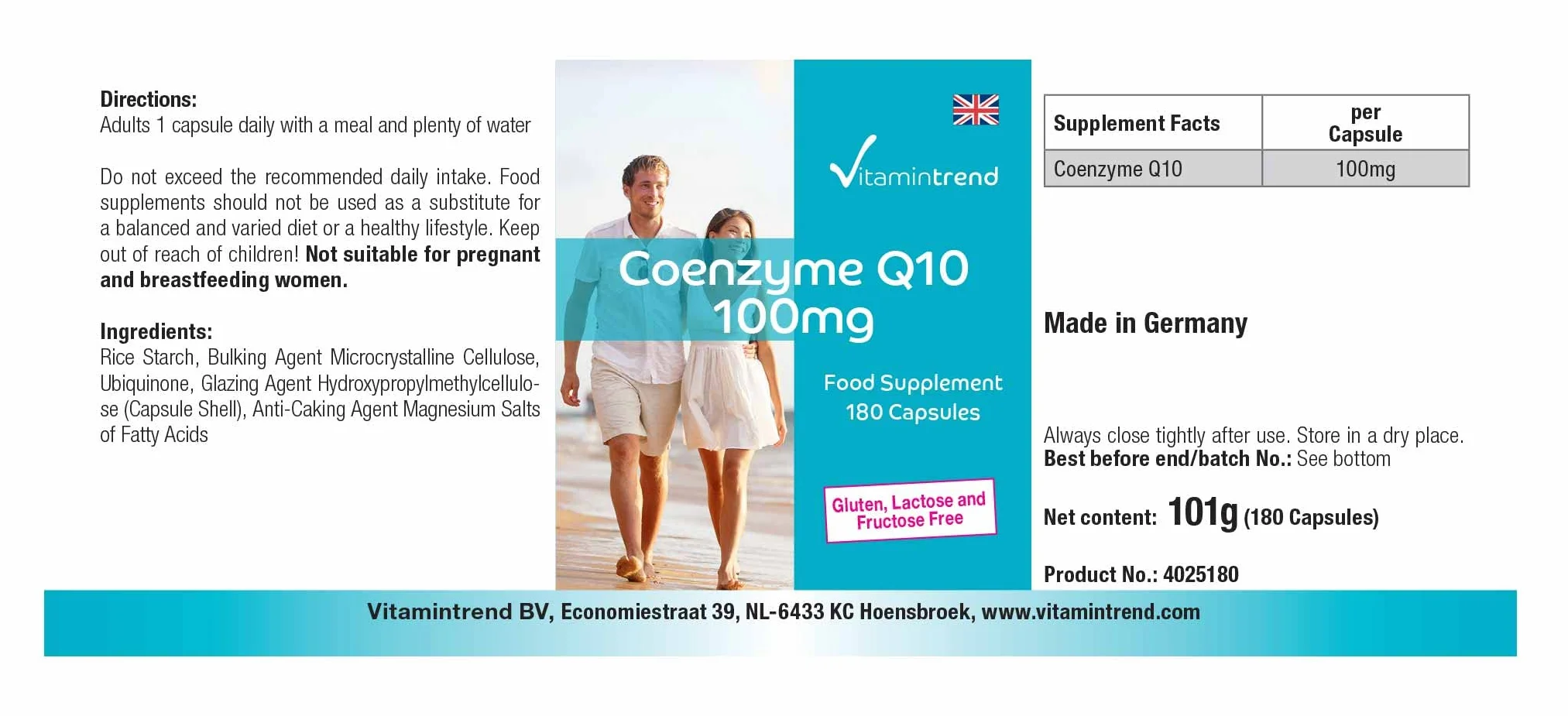 Vitamintrend Coenzima Q10 100 mg, 180 capsule, facili da deglutire, ad alto dosaggio, integratore alimentare vegano senza magnesio stearato, prodotto in Germania