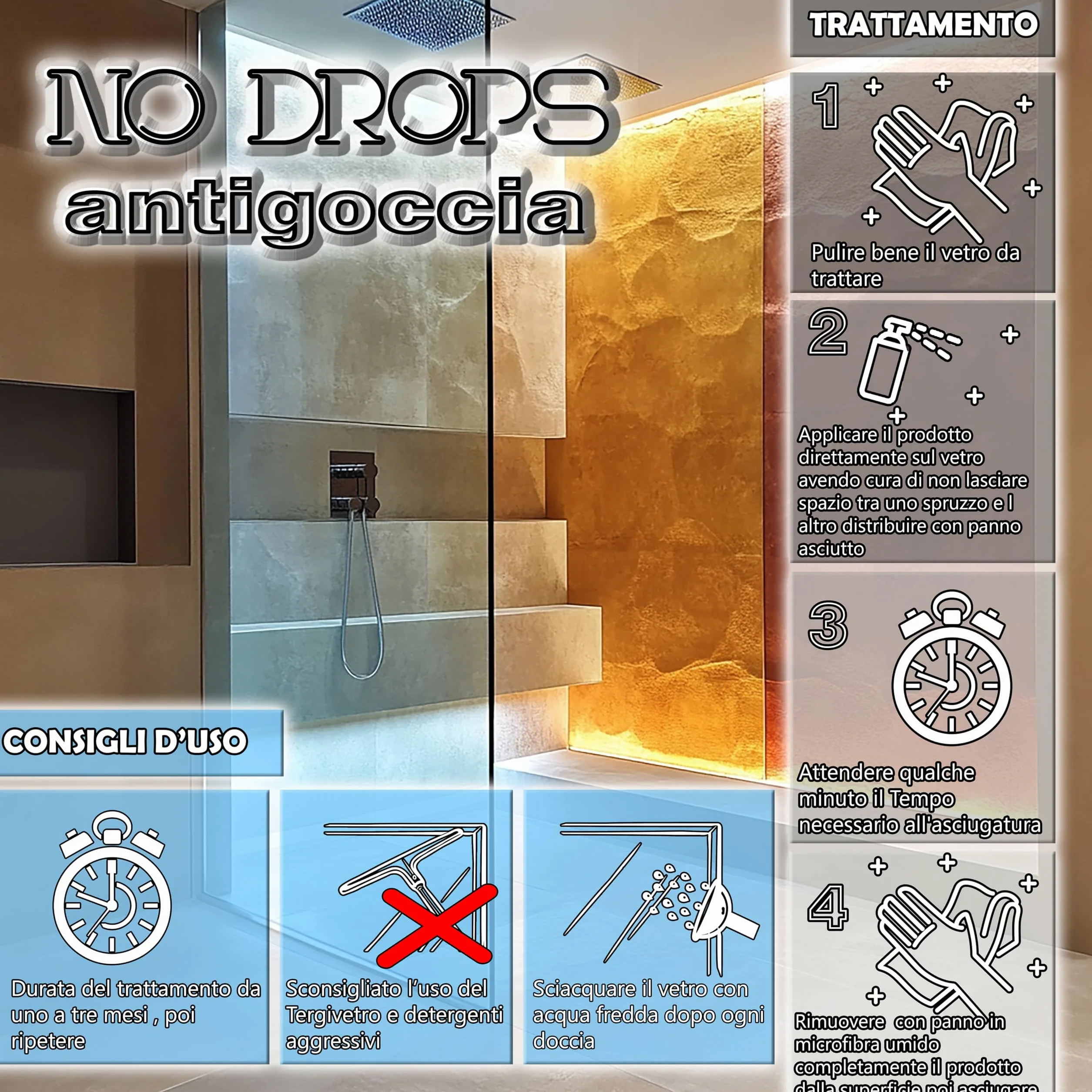 Anticalcare Vetro Doccia Idrorepellente Effetto No Drops Antigoccia Riduce Calcare e Sporco Facile da Applicare Lavanda