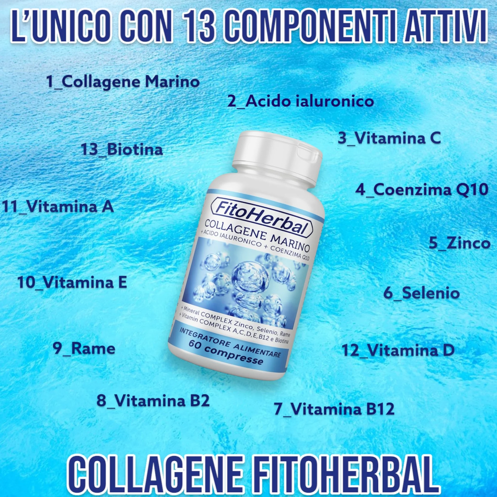 COLLAGENE MARINO CON ACIDO IALURONICO Coenzima Q10 Compresse di Collagene Idrolizzato con Vitamina Complex A C D E B12 Biotina Zinco Selenio