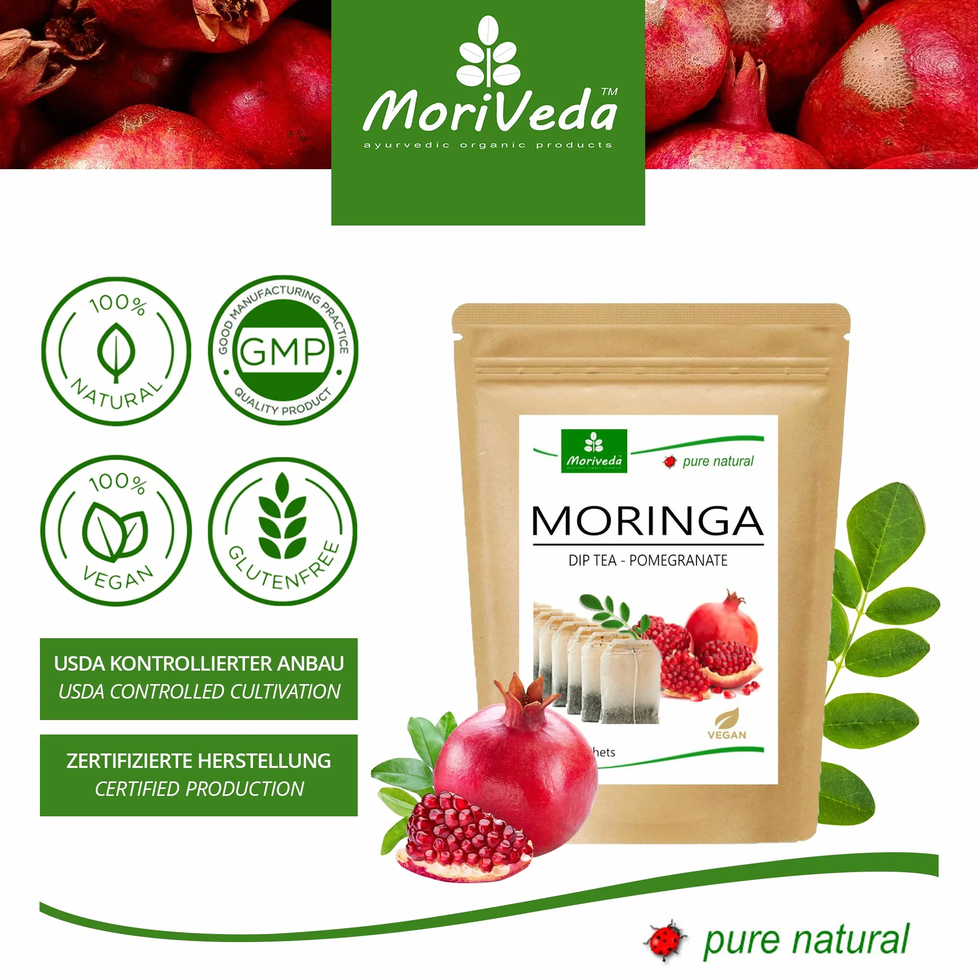 Tè Moringa 100% naturale e vegano (a scelta mix di erbe, mela cannella, melograno, zenzero, menta). Qualità 1A (20 bustine di tè Moringa-Melograno)