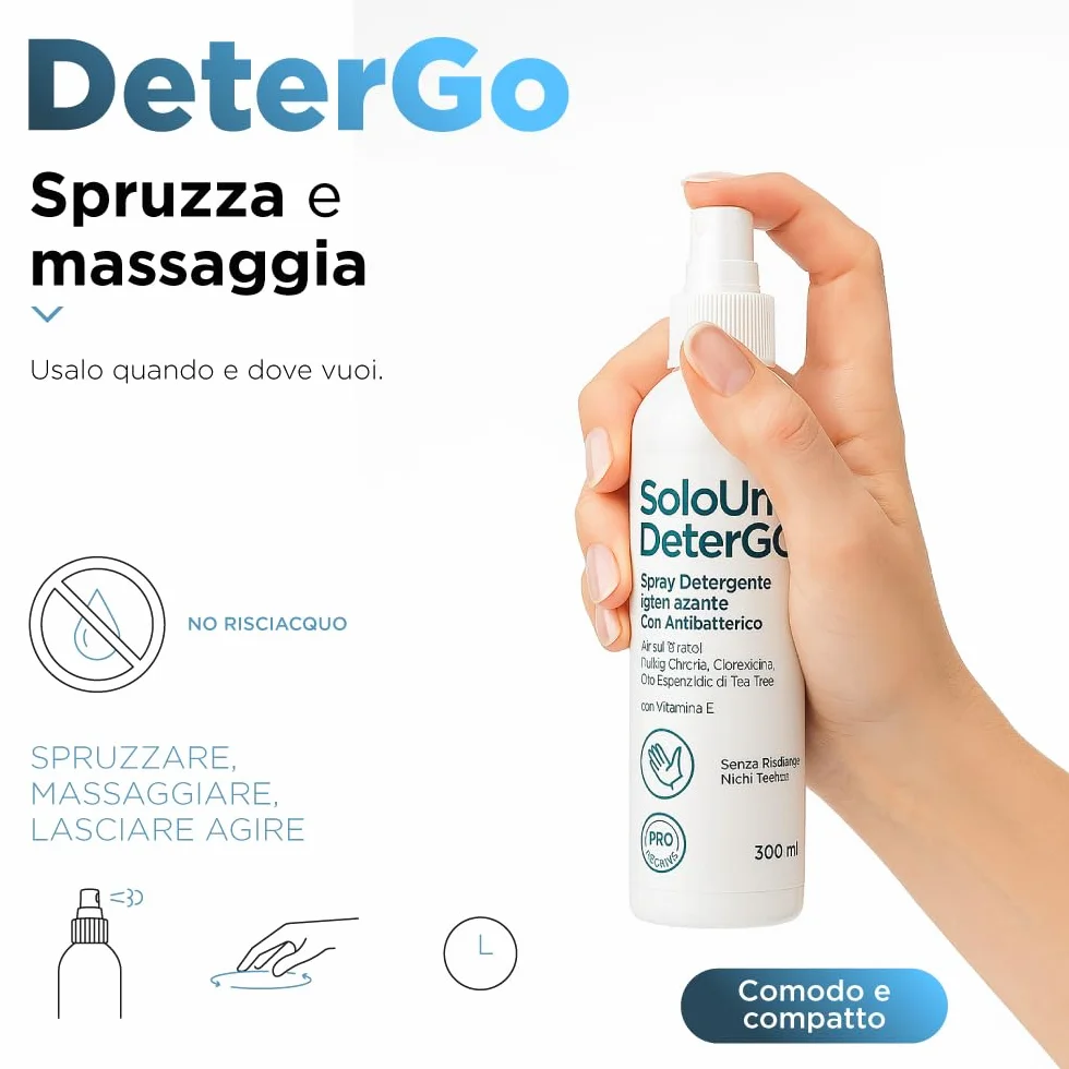 SoloUno DeterGo Spray detergente igienizzante con Clorexidina, vitamina E, antibatterico, senza risciacquo, 200 ml
