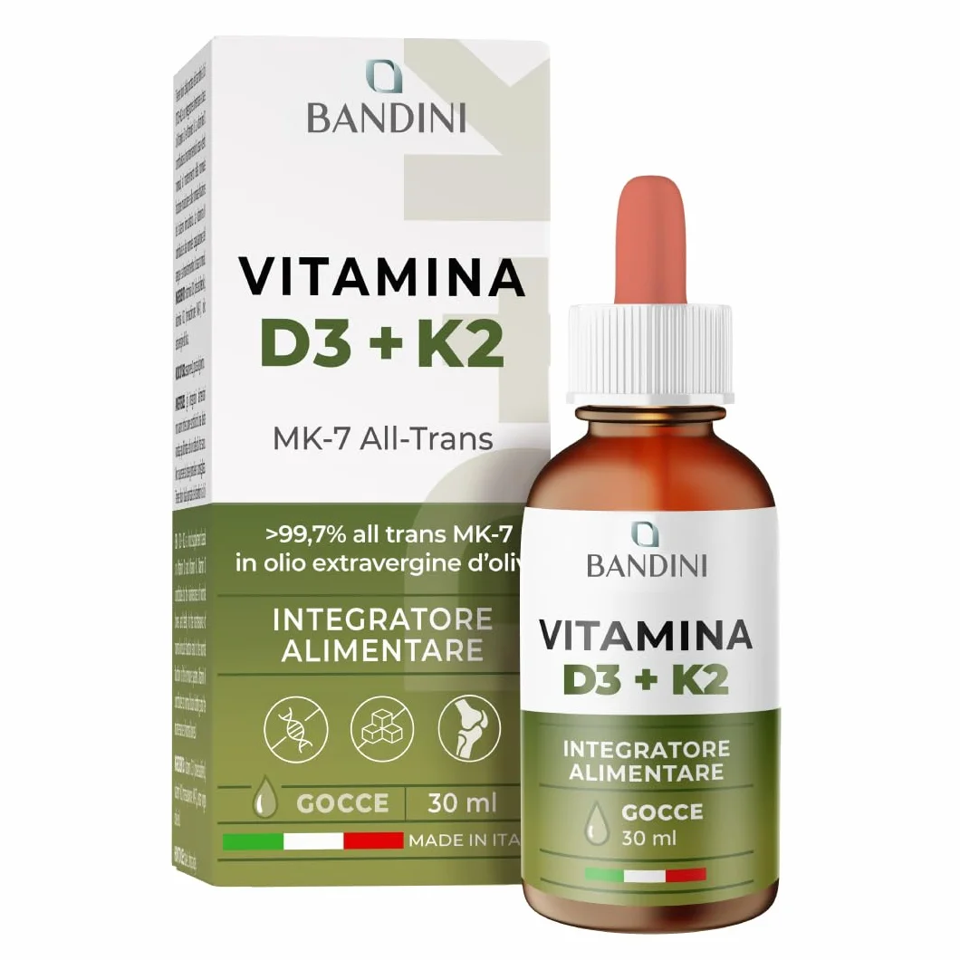Bandini Vitamina D3 K2 Gocce in Olio Extra Vergine di Oliva EVO 1000 UI Colecalciferolo 100 mcg MK-7 Menachinone