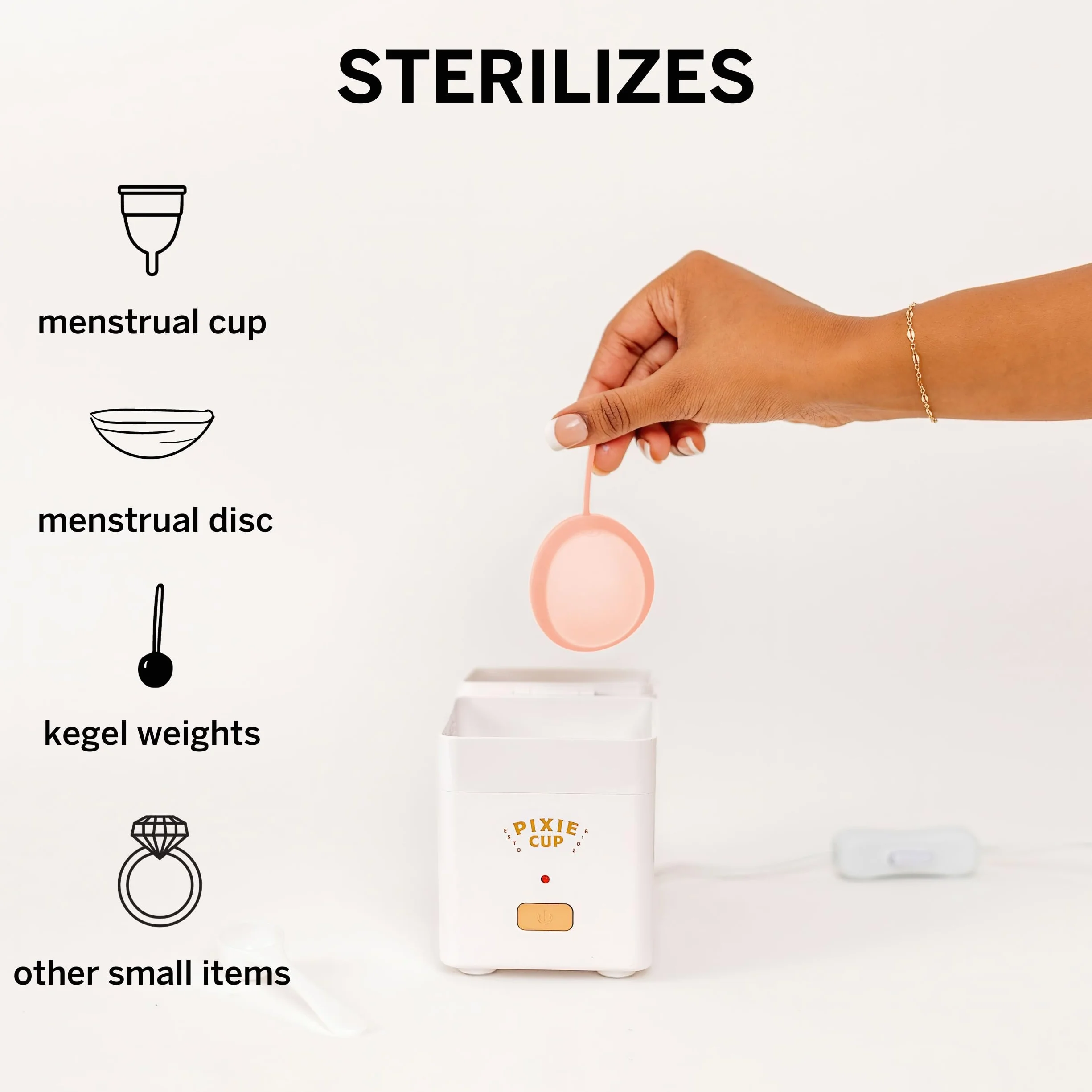 Pixie Dischi Mestruali con Sterilizzatore – N. 1 per Comfort e Morbidezza – Elimina il 99,9% dei Germi con Steamer – Disco Pulito in 3 Minuti! – Kit Sanitizzante Compatto