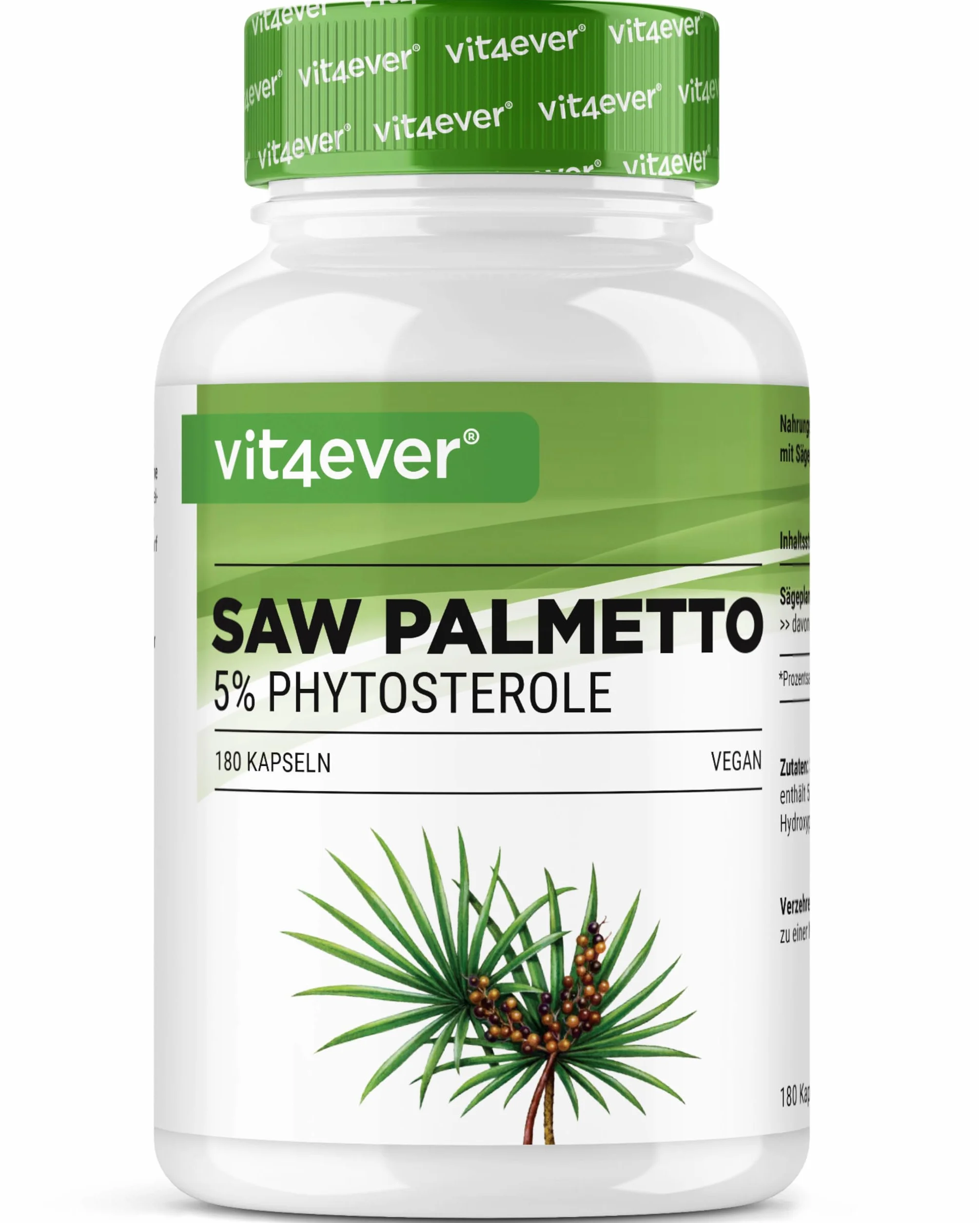 Vit4ever Estratto di Saw Palmetto 180 capsule 500 mg 5% fitosteroli 25 mg Vegano