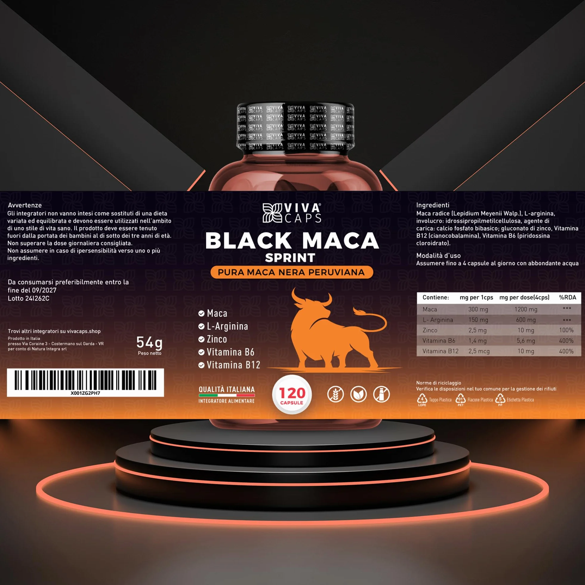 Maca peruviana 24000 mg al giorno estratto 20:1 120 Cps, Black maca con L-Arginina, Zinco, Vitamina B6 e B12 per energia e supporto per la massa muscolare - Made in italy