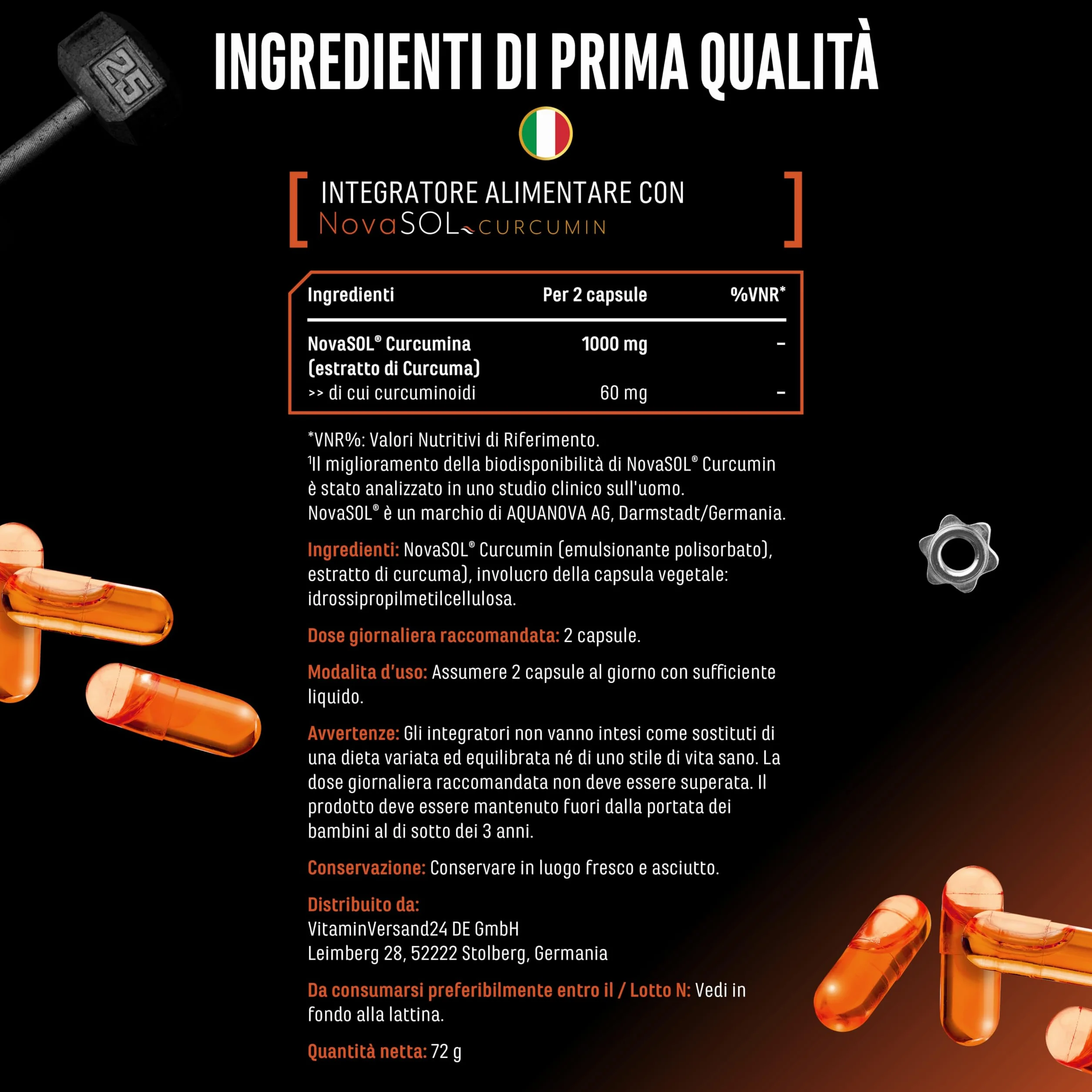 Curcuma NovaSol® 120 capsule liquide 1000 mg curcumina dose giornaliera tecnologia brevettata NovaSOL® biodisponibilità 185 volte superiore vegano