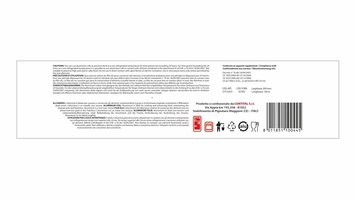 CONTITAL Rotolo Alluminio Professionale per Alimenti con astuccio, larghezza 30 cm, 150 metri