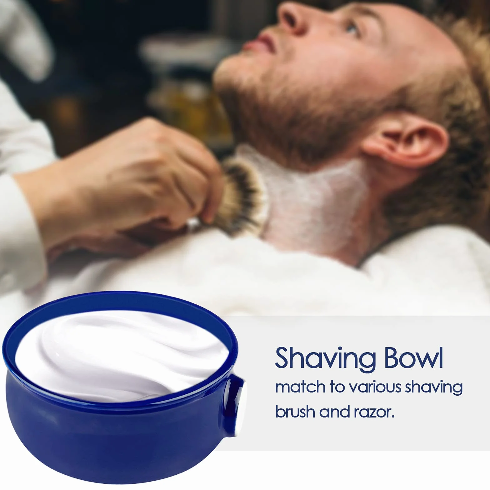 Linkidea Ciotola per Sapone da Barba in Ceramica con Manico Antiscivolo, Bocca Larga, Grande Capacità, Facilmente Schiuma, Ciotola per Crema da Barba per Uomo, Blu Reale