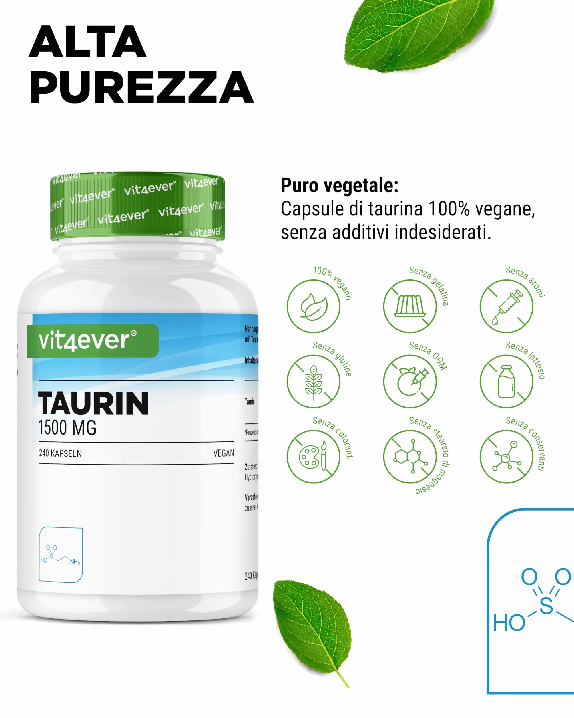 Taurina 240 Capsule 1500 mg per Dose Giornaliera 99% Purezza Vegano