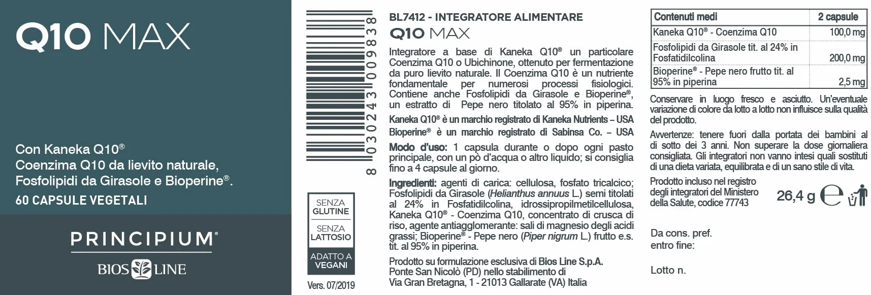 BIOS LINE Principium Q10 Max, Integratore alimentare ricco di Coenzima Q10, Integratore compresse per dare energia a cuore, fegato, cervello e muscoli, 60 capsule vegetali