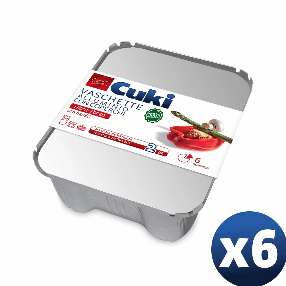 Cuki Vaschette Alluminio Con Coperchi - Ultra Forza - Con Manici - 6 Porzioni - Rettangolari [Rs99L] - 6 Confezioni Da 2 Pezzi