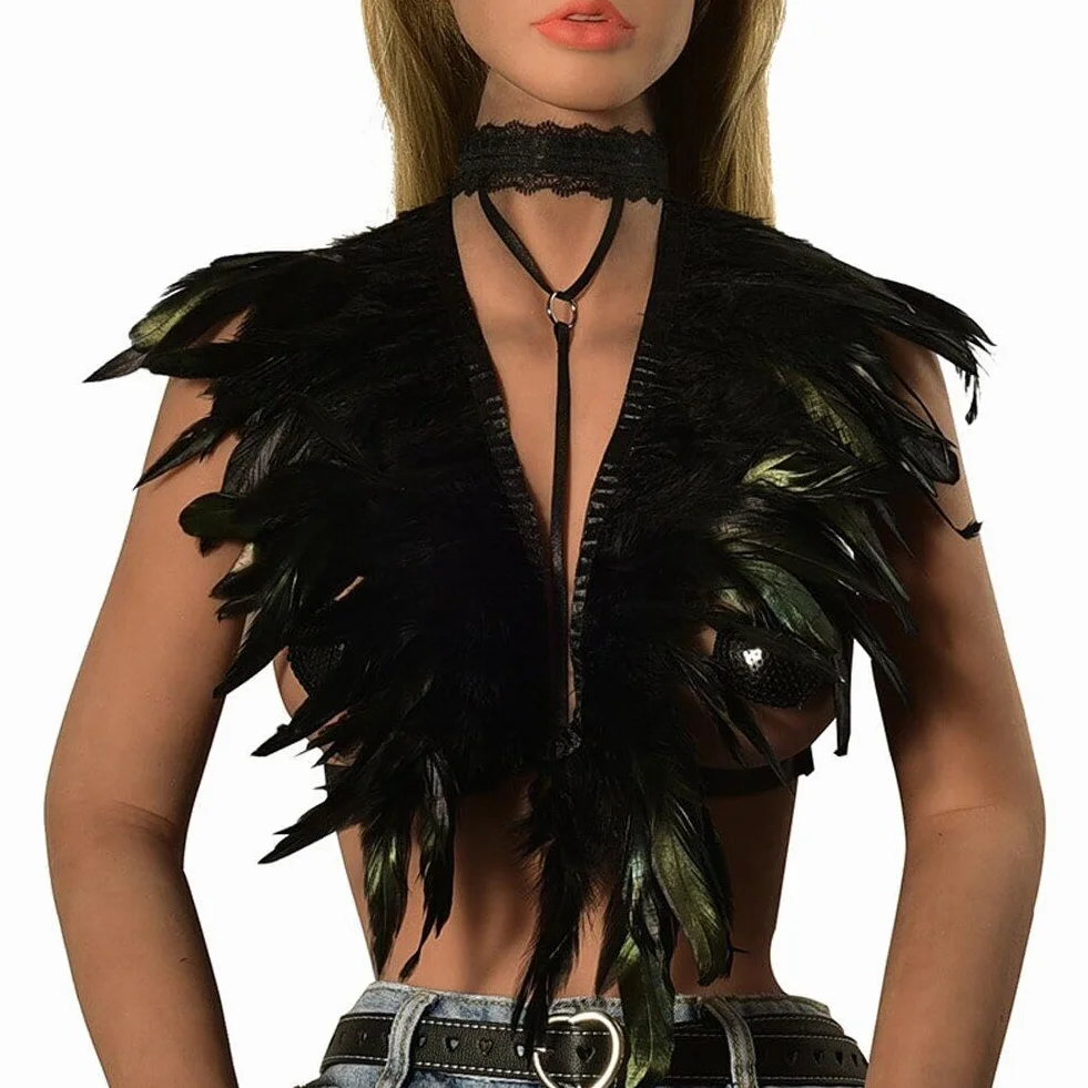 Imbracatura di Piume Nere Gotica Punk Coprispalle Elastica