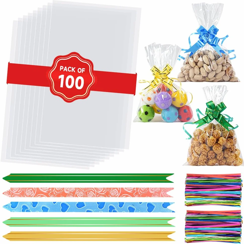 Sacchetti in Cellophane Trasparente 14x20 cm 100 Pezzi con Fiocchi e Lacci per Alimenti Confezioni Regalo