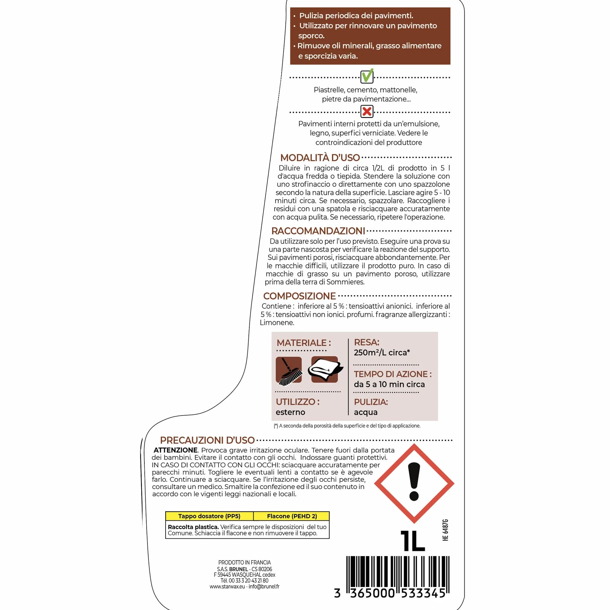 STARWAX Detergente sgrassante pavimenti esterni 1L Concentrato Multisuperfici Fino a 250m²