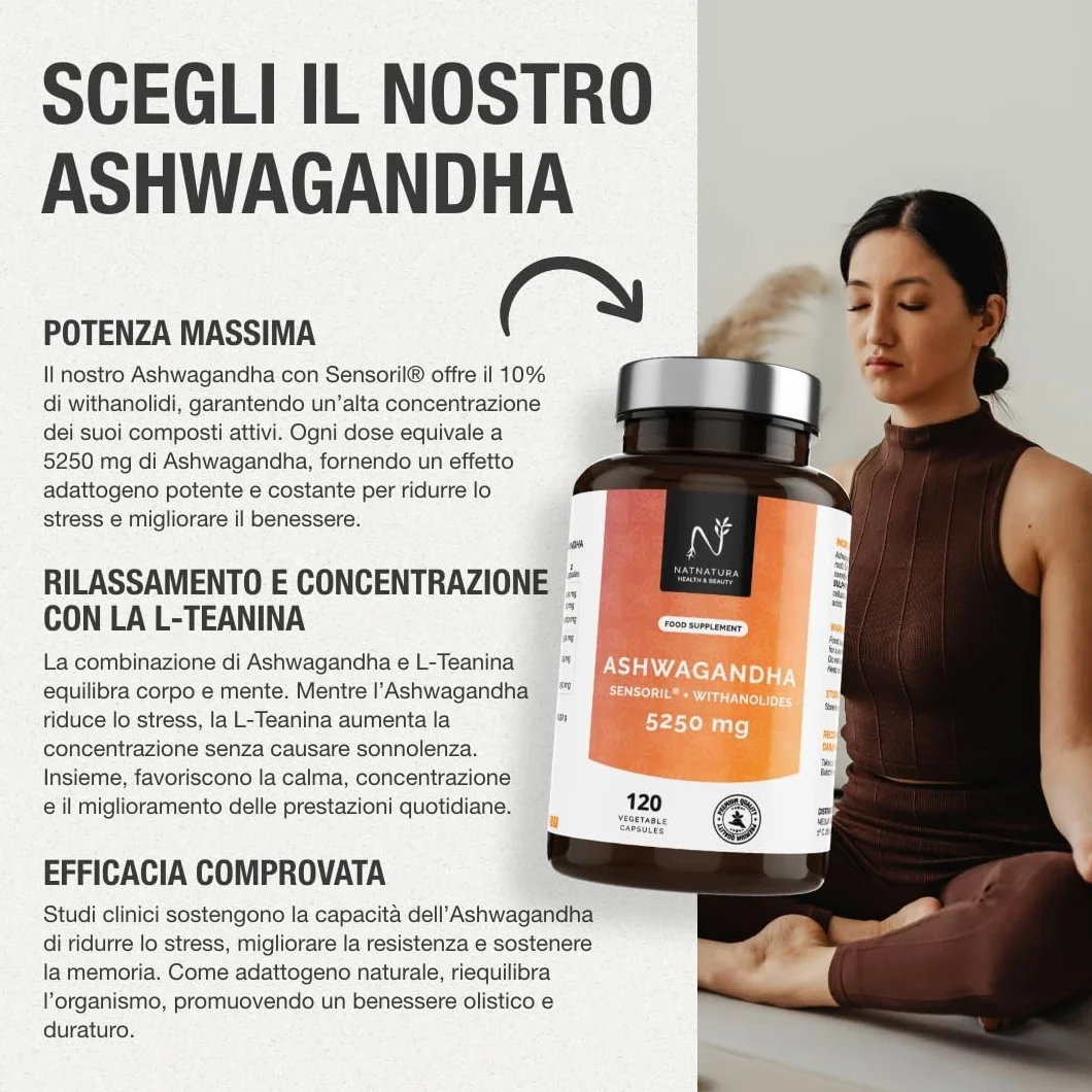 Ashwagandha Sensoril® 5:1 Estratto 10:1 5250 mg 120 capsule vegane Concentrazione superiore KSM-66