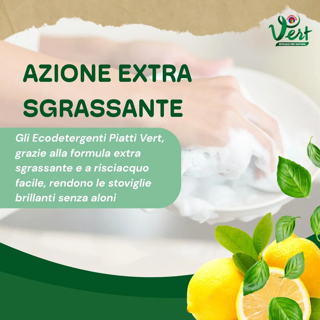 Vert - Ecodetergente Piatti - Fragranza Limone e Basilico, 100% Origine Naturale, Funzione Extra Sgrassante e Risciacquo Facile, Ipoallergenico, Adatto anche a Pelli Sensibili - Flacone da 1000ml