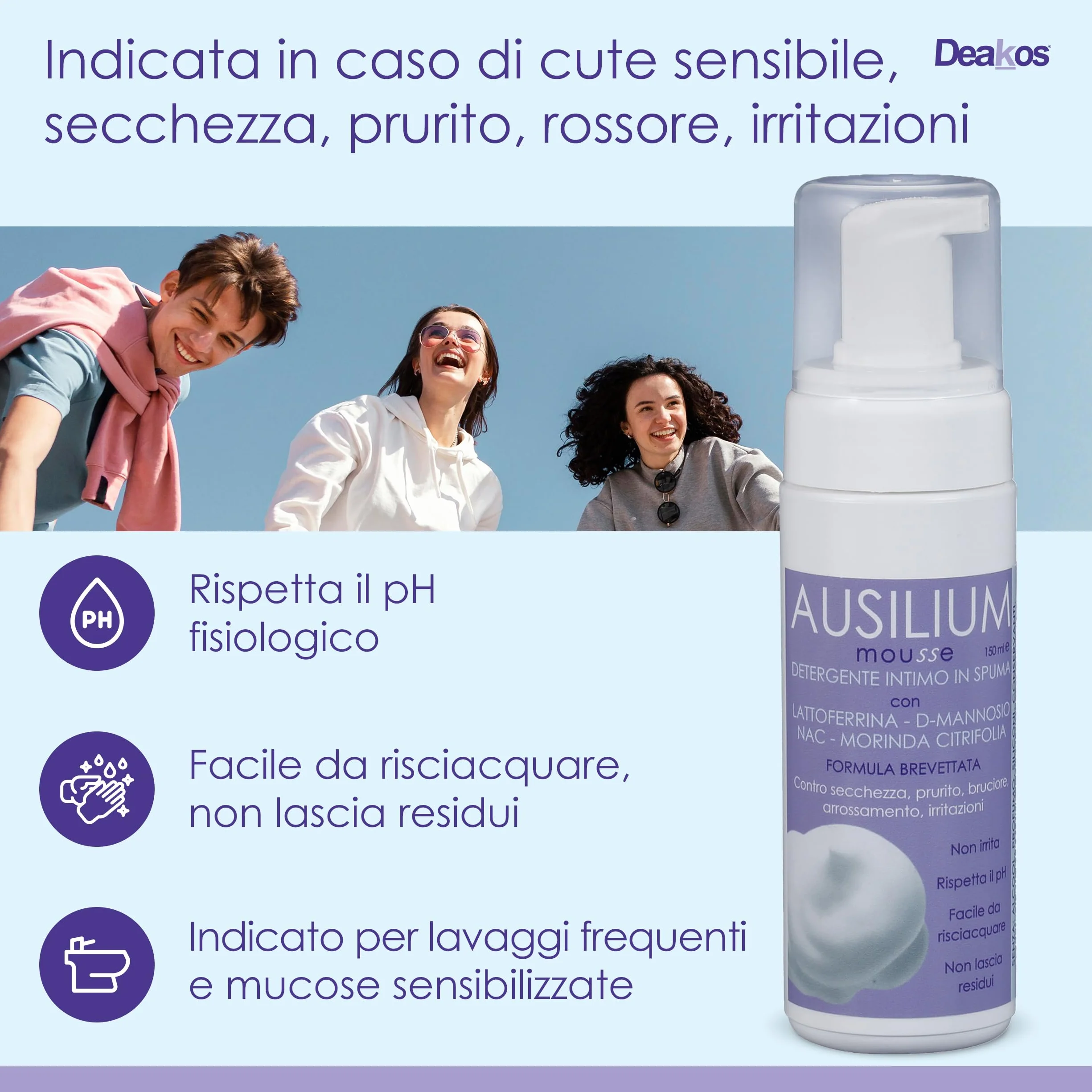 Deakos Ausilium Mousse Detergente Intimo Donna Antibatterico Lenitivo con Lattoferrina D Mannosio NAC Morinda Antiodore Senza Parabeni Siliconi