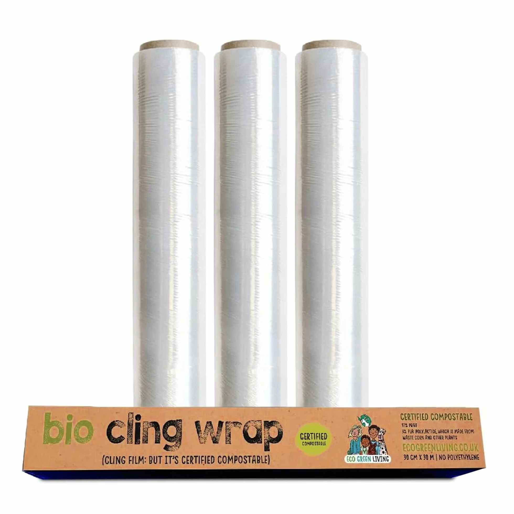 Pellicola trasparente biodegradabile Eco Green Living, 100% compostabile, senza BPA e plastica, vegana, adatta a dispenser in cartone riciclabile. Confezione da 3 rotoli da 30 cm x 30 m