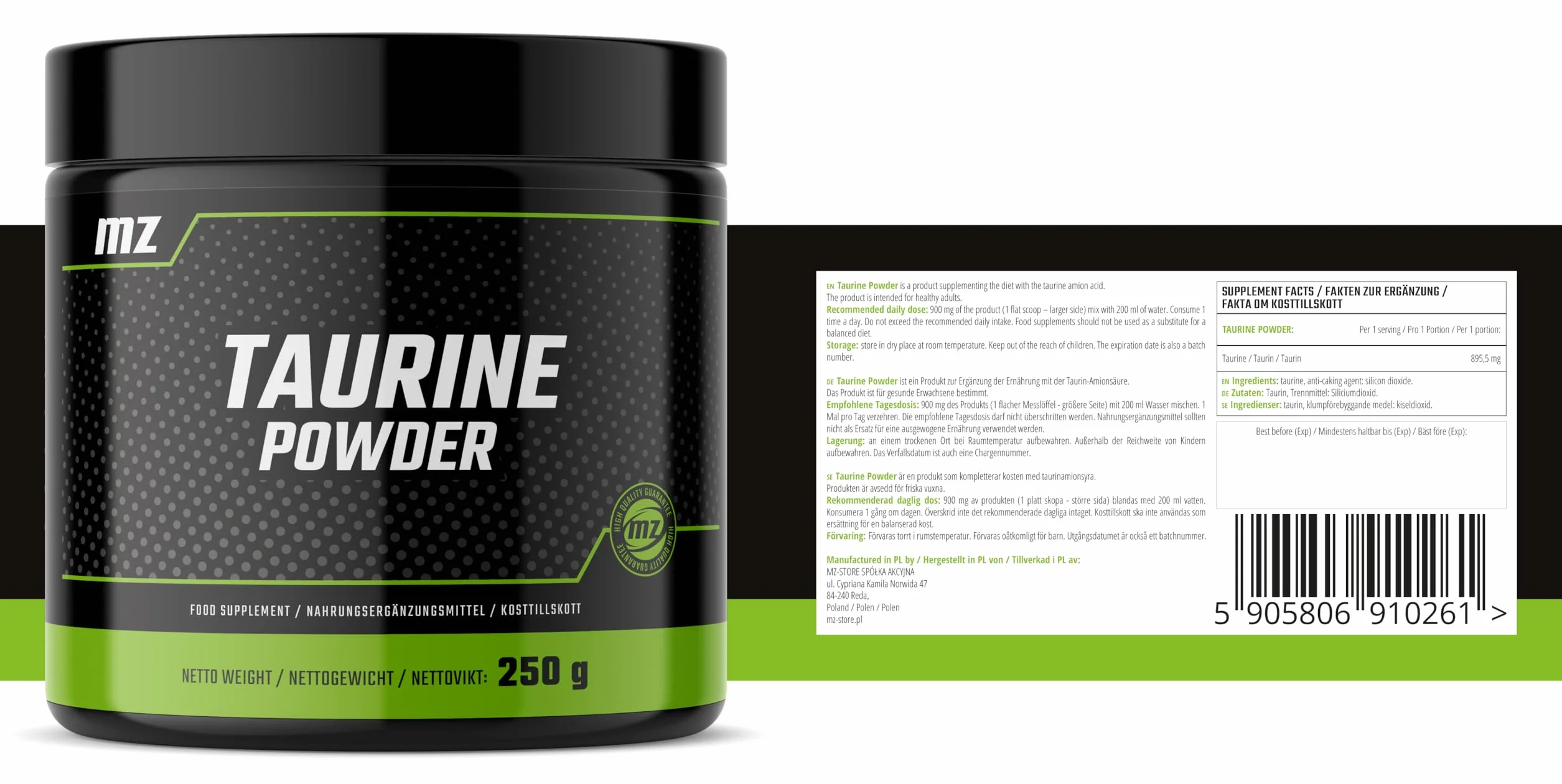 Taurina in polvere 250 g - Aminoacido Taurina 900 mg per porzione - 277 dosi per confezione - Integratore alimentare - da MZ