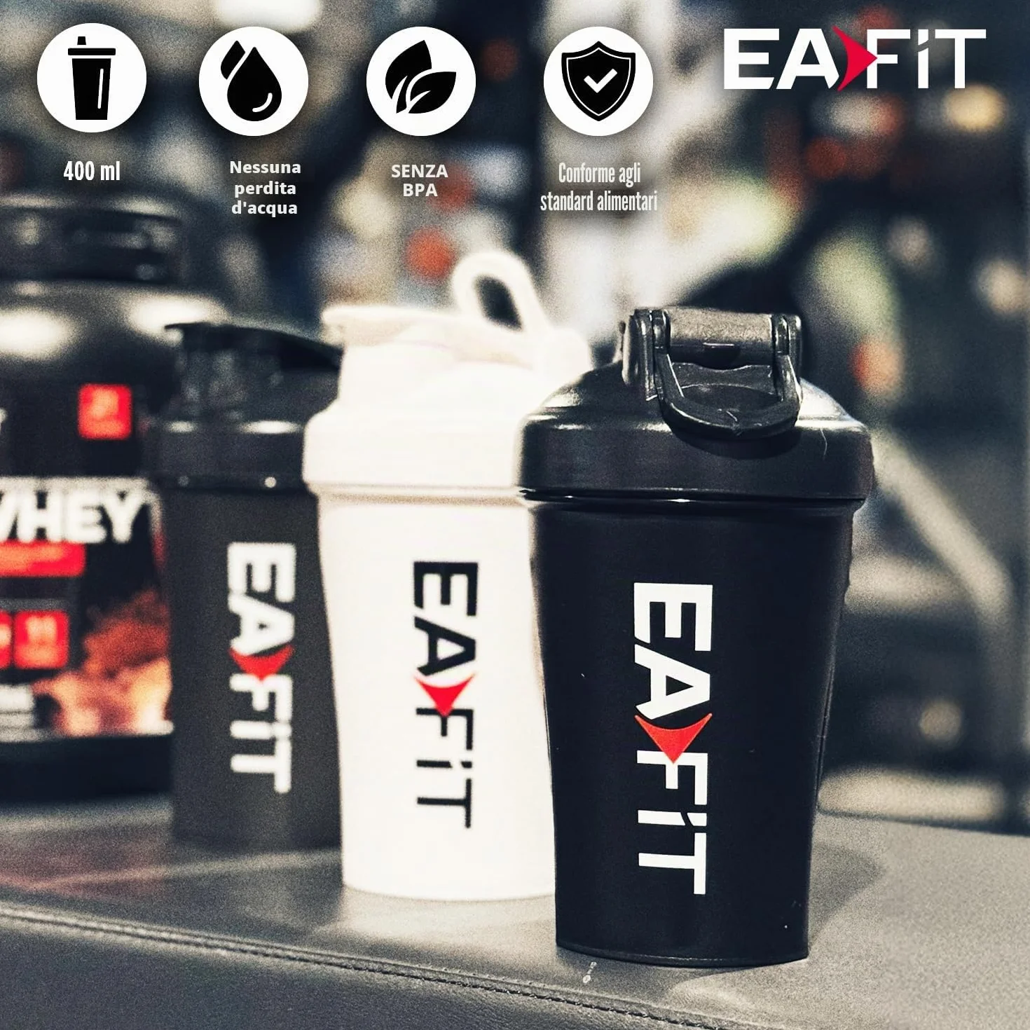 EAFIT Shaker Proteine 400 ml Nero Trasparente – Borraccia Graduata Senza BPA con Mixer in Acciaio – Per Whey Protein, Creatina, Pre Workout – Shaker Palestra Portatile Anti-Perdita per Sport e Fitness