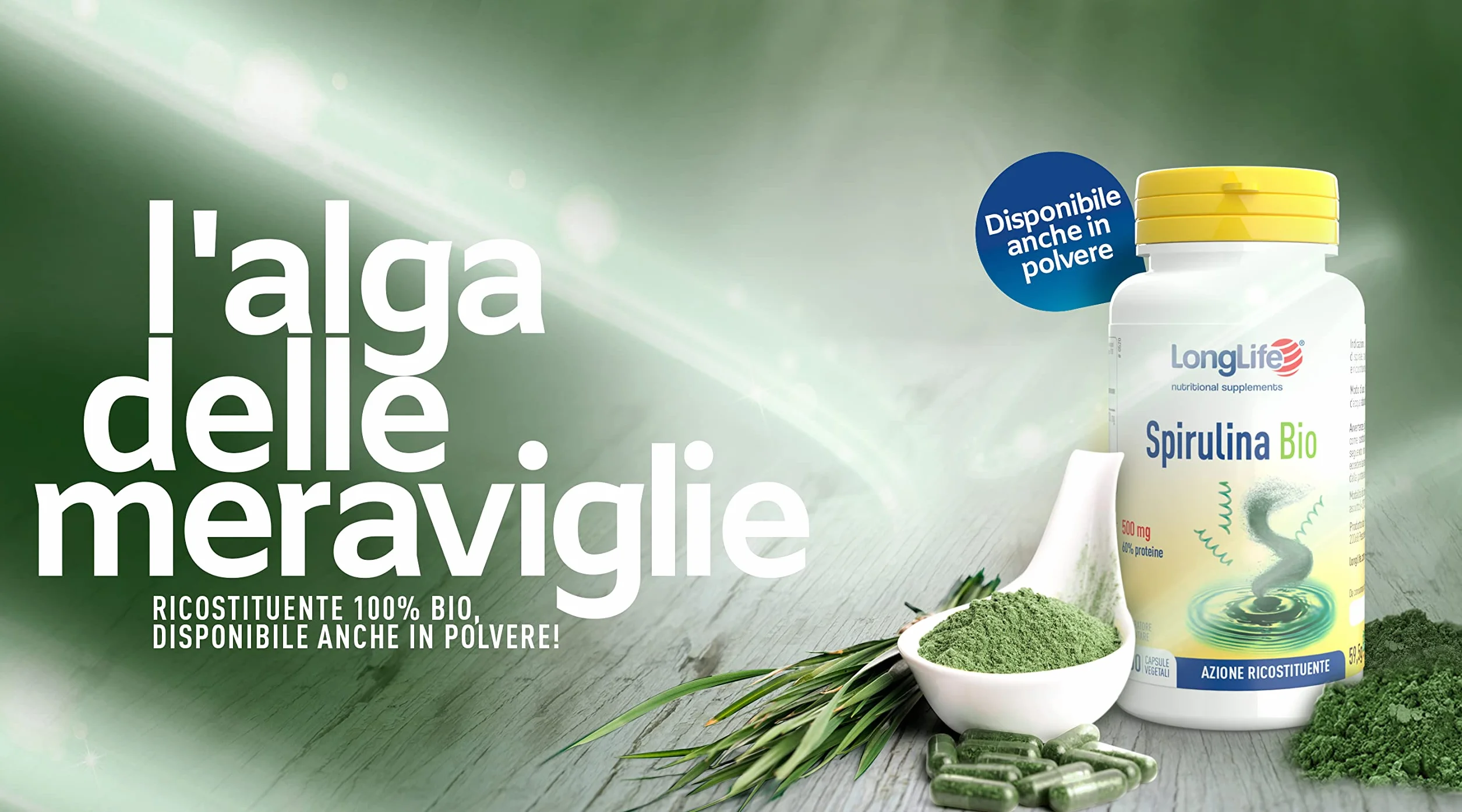 LongLife Spirulina Bio 100 capsule vegetali | Alga spirulina titolata in proteine, ficocianina, clorofilla e carotenoidi | Biologica | Vegano e senza glutine