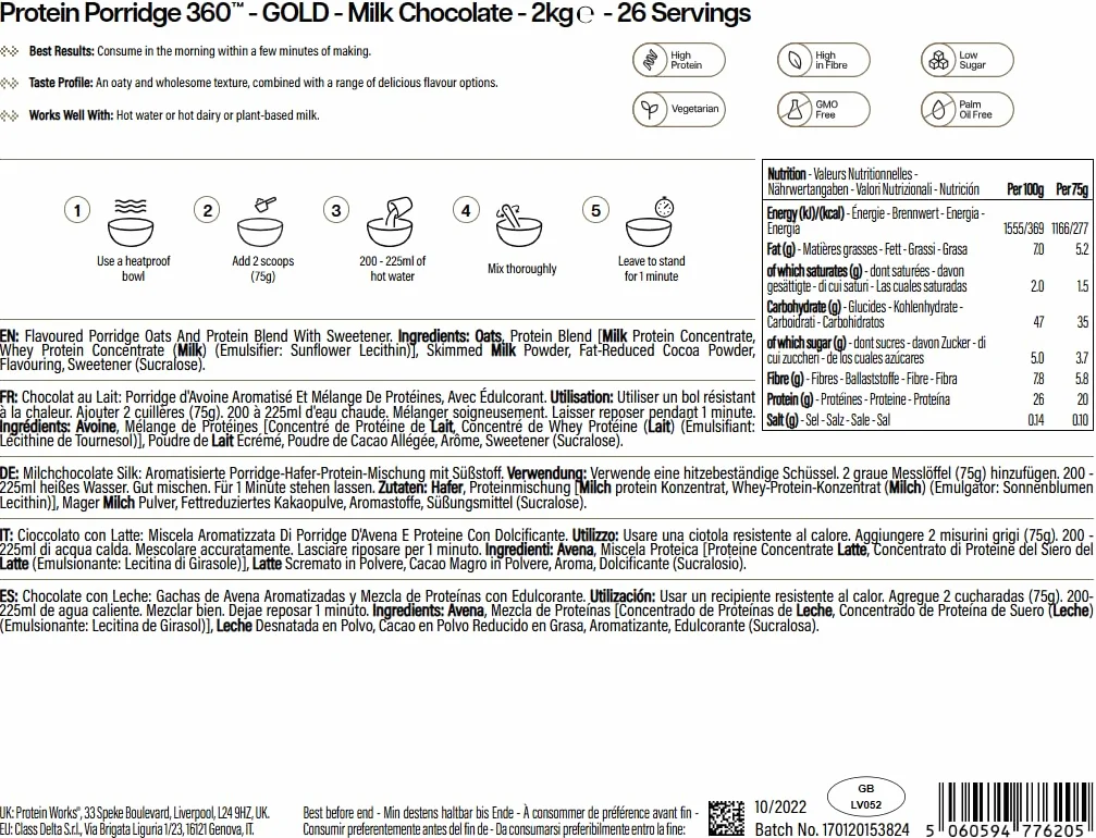 Protein Works | Protein Porridge 360 – GOLD Innovation, Colazione ad Alto Contenuto Proteico, Basso Zucchero, Vitamine & Minerali, Ricco Fibra, Cioccolato con Latte, 26 Porzioni, 2kg