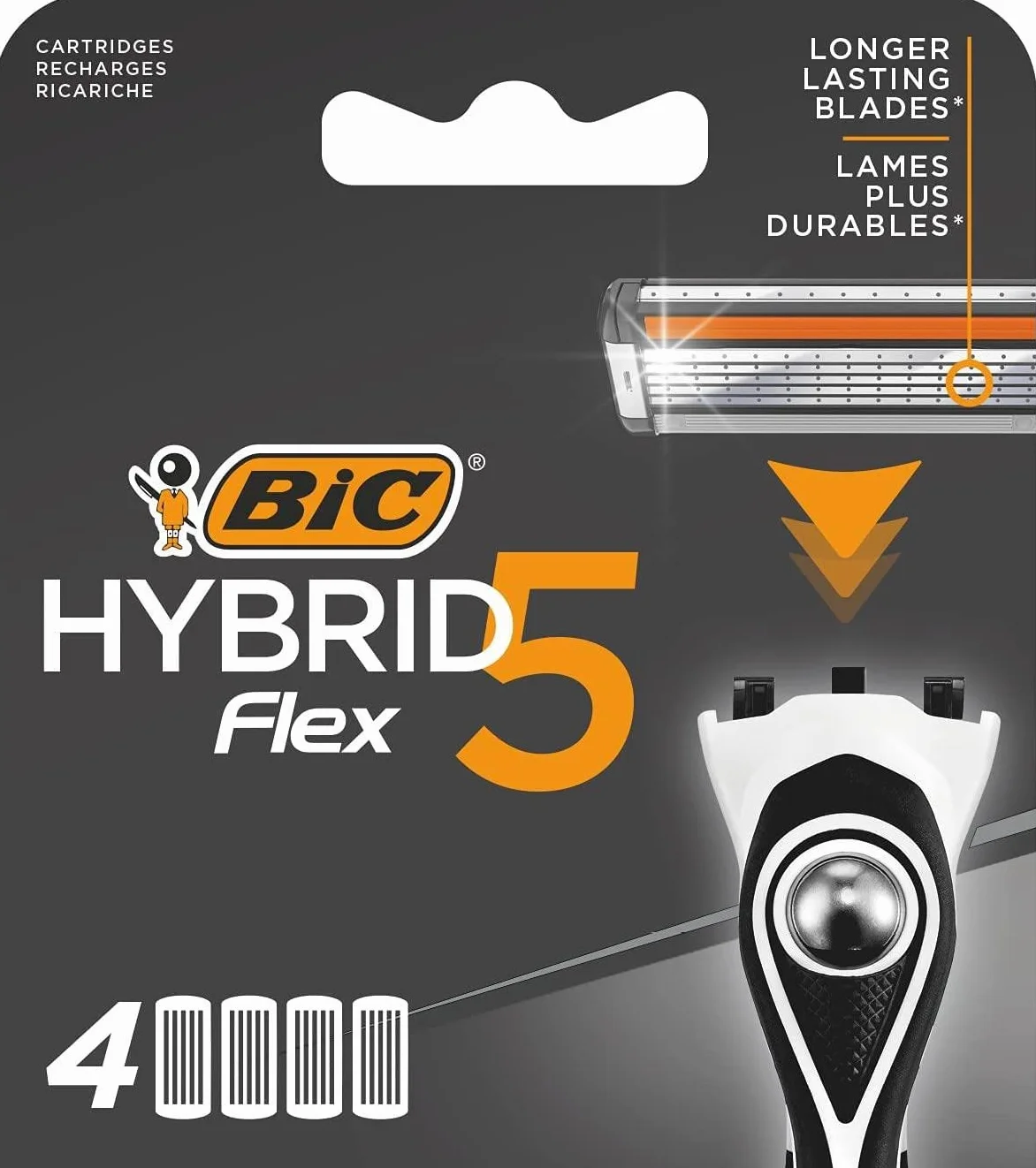 BIC Hybrid 5 Flex, Confezione da 4 testine per rasoio da uomo snodabili a 5 lame in titanio con nanotecnologia