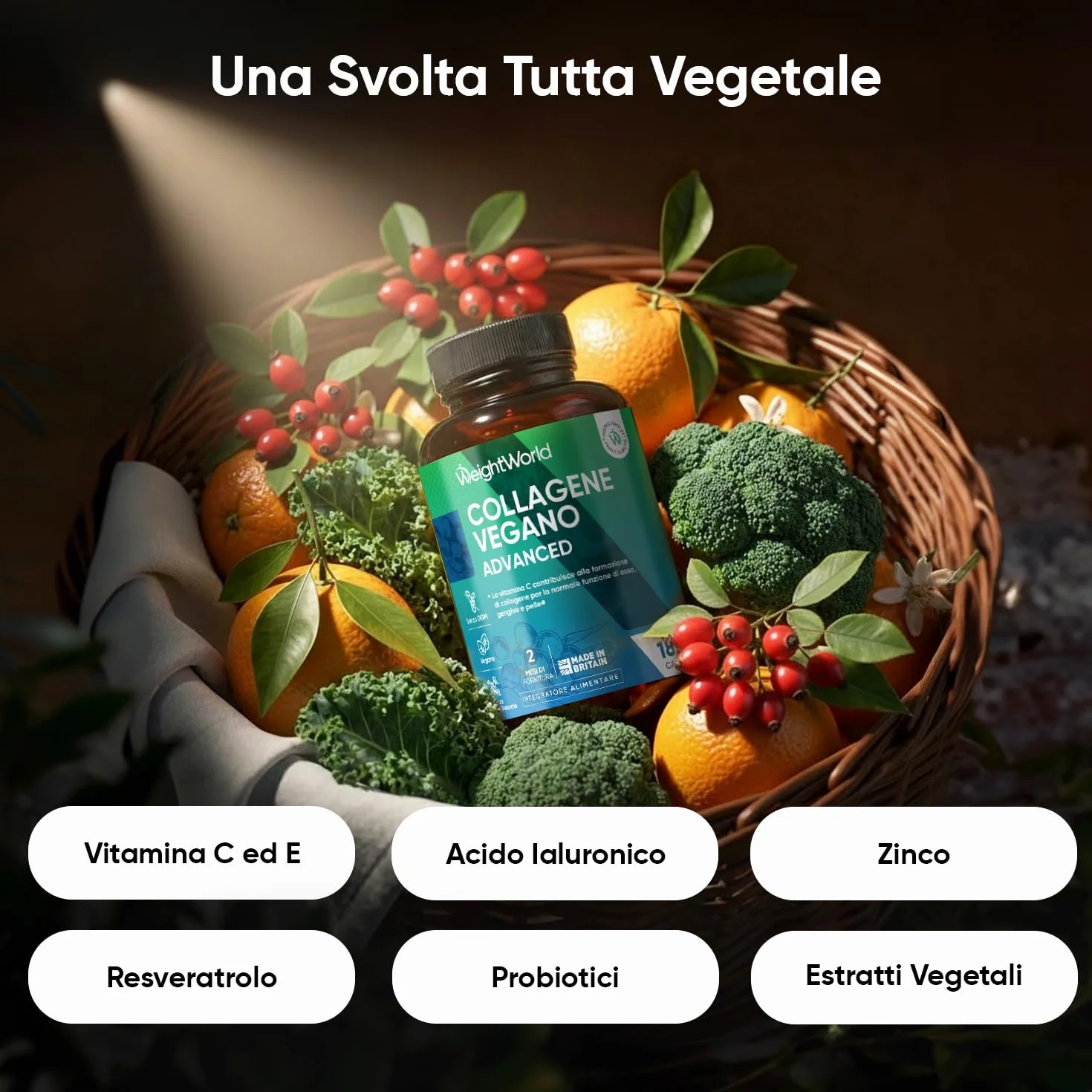 Collagene Vegano con Acido Ialuronico 180 Capsule, Vitamina C, Zinco, Resveratrolo, MSM, Rosa Canina, Lactobacillus Acidophilus