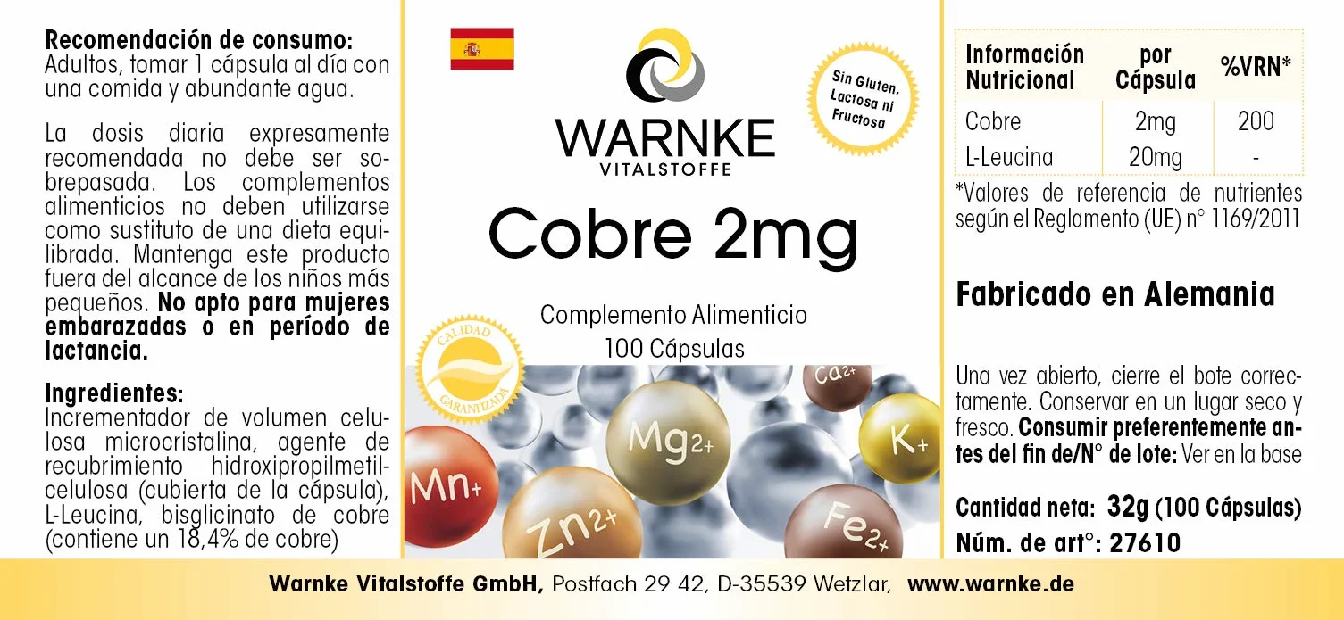 Rame 2mg - 100 capsule vegane da rame bisglicinato | Warnke Vitalstoffe - Qualità da farmacia tedesca
