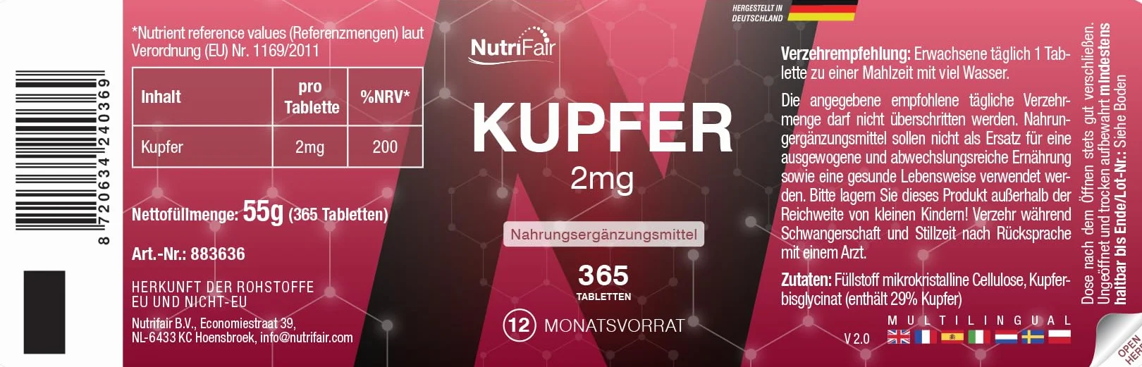 Rame 2mg, 365 compresse, Rame bisglicinato, Alto dosaggio, 100% Vegano, produzione tedesca e test di laboratorio, Premium & Equo