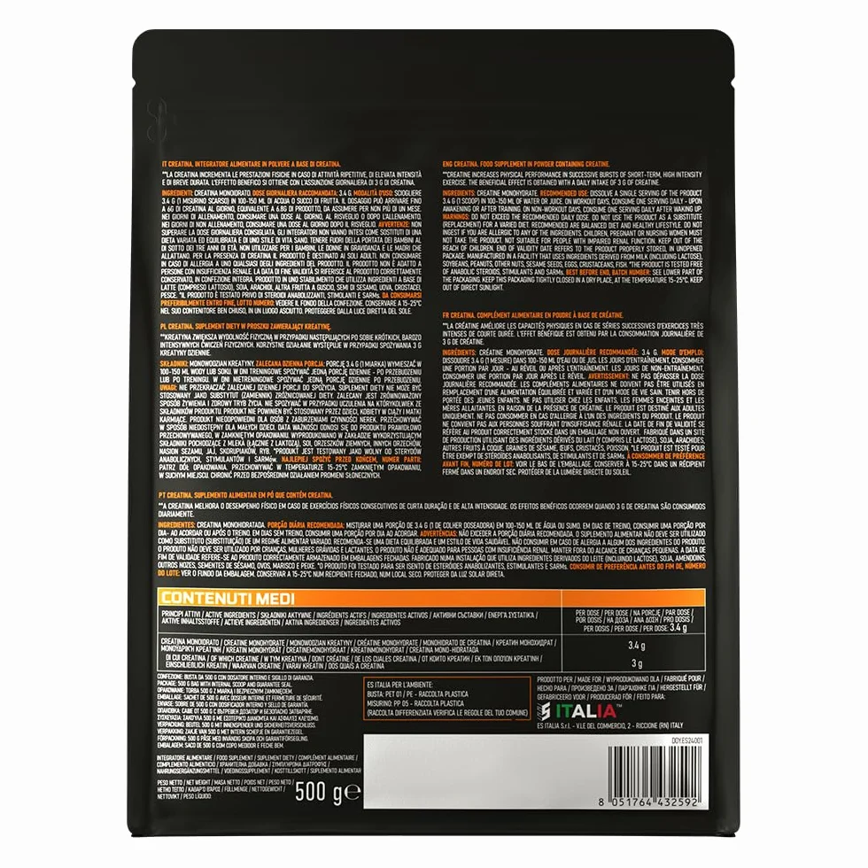 EthicSport CREATINA – Creatina monoidrato pura in polvere con SupraCREA™ – Incrementa le prestazioni fisiche in attività brevi e intense – elevata purezza, senza additivi – vegan, gluten free – 500 g
