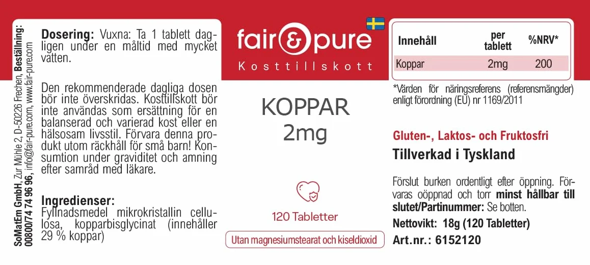 Fair & Pure® - Rame bisglicinato 2mg - Integratore di rame - Buona disponibilità biologica - Vegan - 120 Compresse