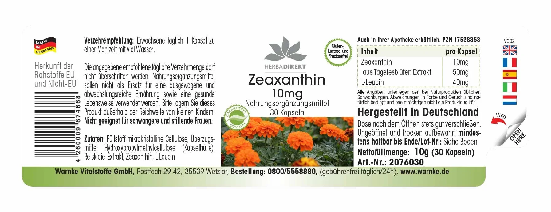 Zeaxantina 10mg 30 capsule Vegan HERBADIREKT by Warnke Vitalstoffe