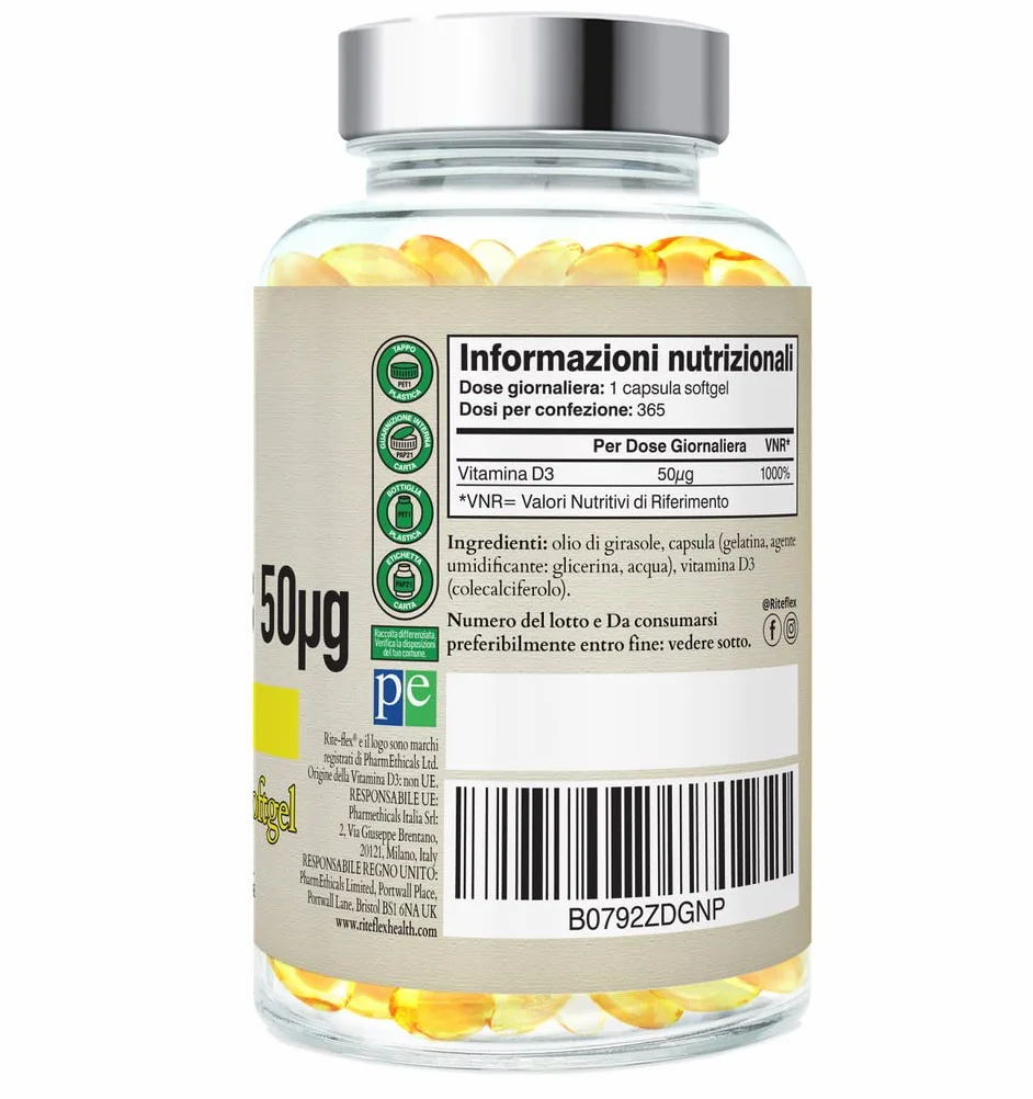 Rite-Flex, Integratore di Vitamina D3 2000 UI (365 Capsule Soft gel)