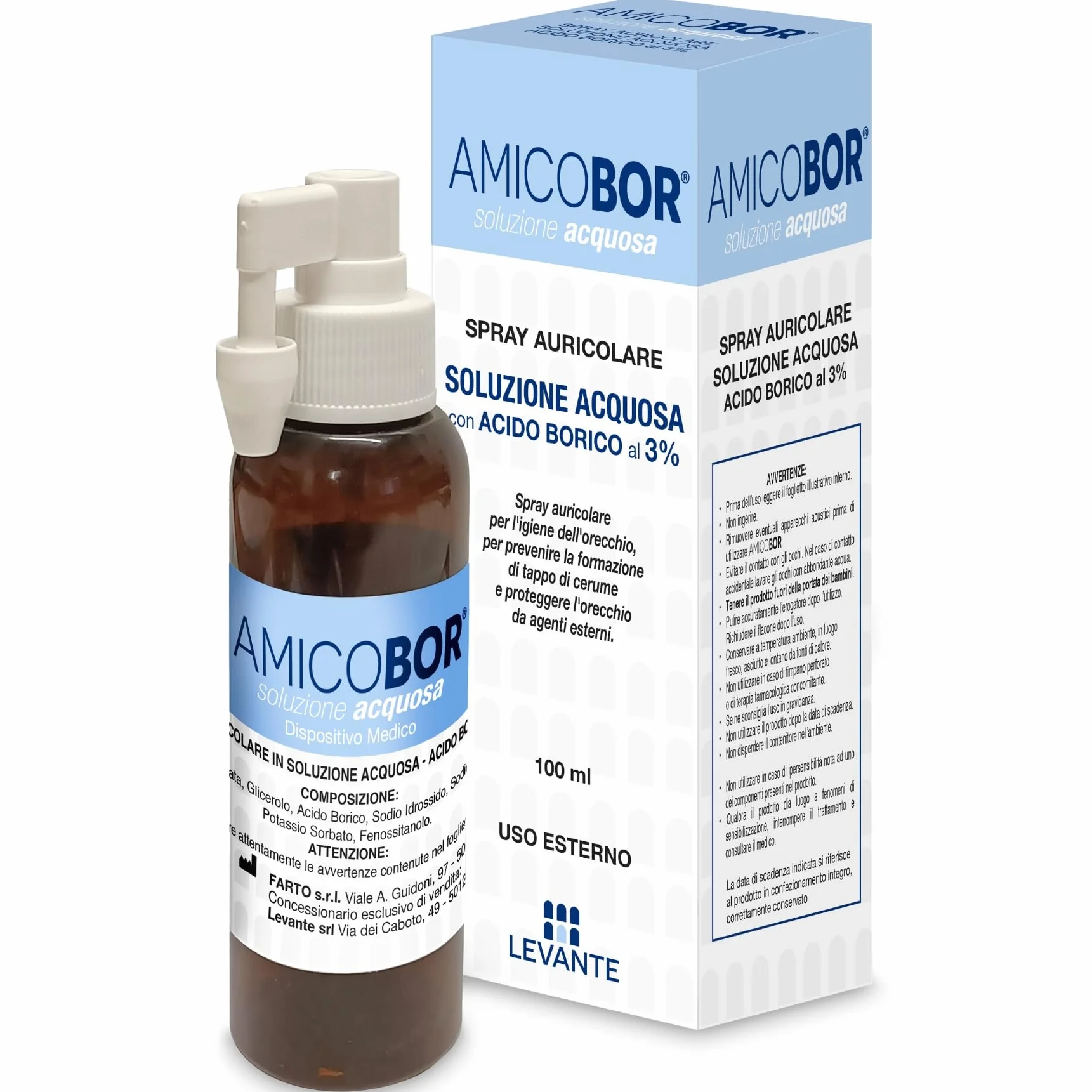 Amicobor Acquoso Spray Orecchie Pulizia 100ml Soluzione Acquosa Spray Auricolare per Pulizia Orecchie con Acido Borico 3% e Glicerina Sciogli Cerume per la Corretta Igiene del Condotto Uditivo