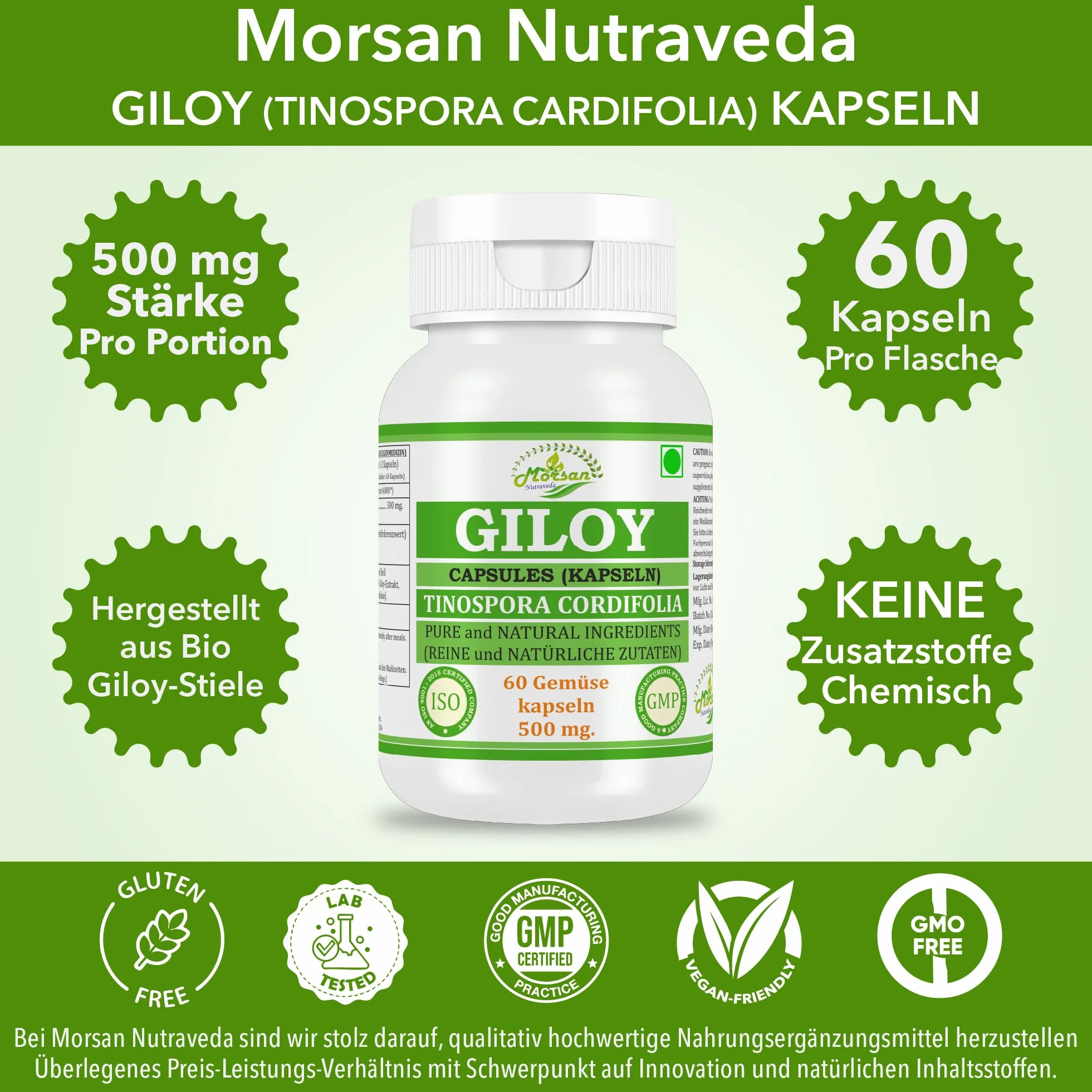 Giloy (Guduchi) Capsule 500 mg – 60 Capsule vegane | Estratto di Tinospora cordifolia ad alto dosaggio (10:1) | Integratore alimentare ayurvedico per uomini e donne (1 flacone da 60 capsule)