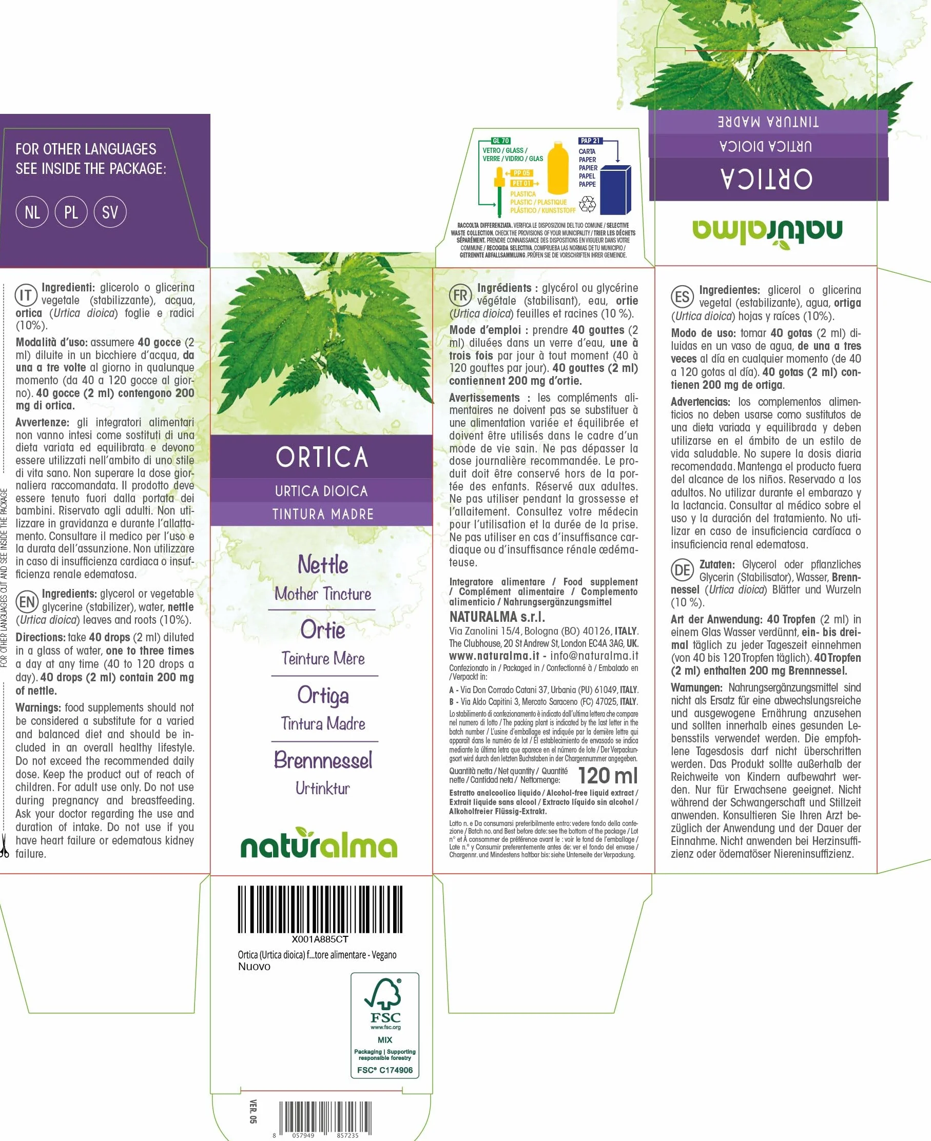Naturalma Ortica Tintura Madre analcoolica 120 ml Integratore alimentare Vegano